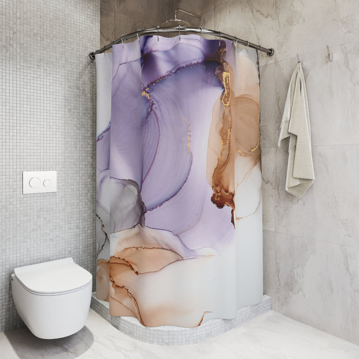 a bathroom with a shower curtain featuring a colorful abstract design in shades of purple, orange, and white. The shower curtain is hanging on a rod next to a towel rack.