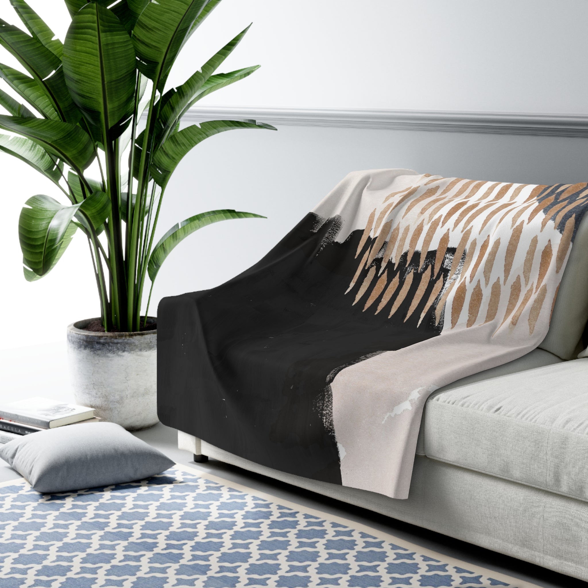 Abstract Throw Blanket | Watercolor Fade Black, Blush Beige Modern Art