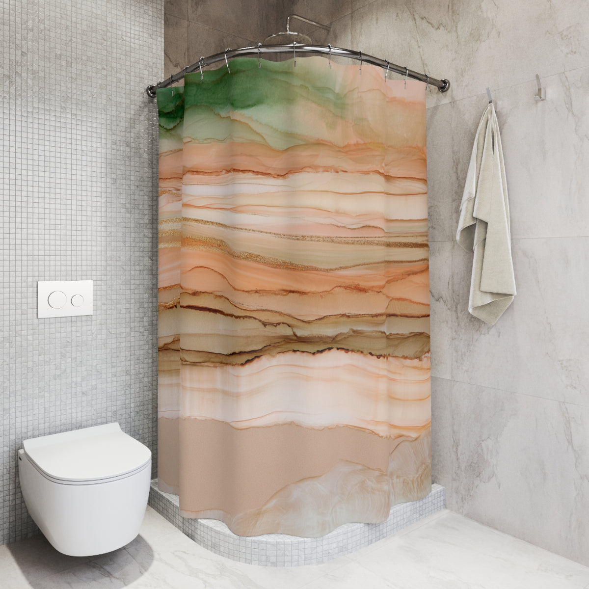 Terracotta Green Abstract Agate Shower Curtain, Bath Curtain 71x74