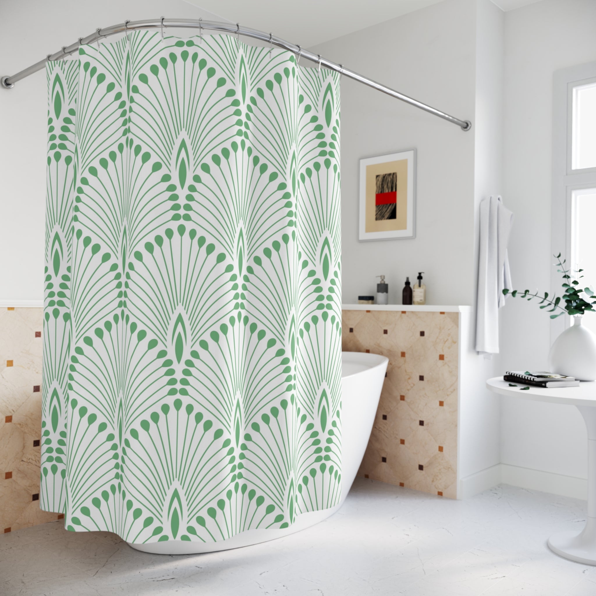 Boho Shower Curtain | Vintage Sage Green White Art Deco Crane