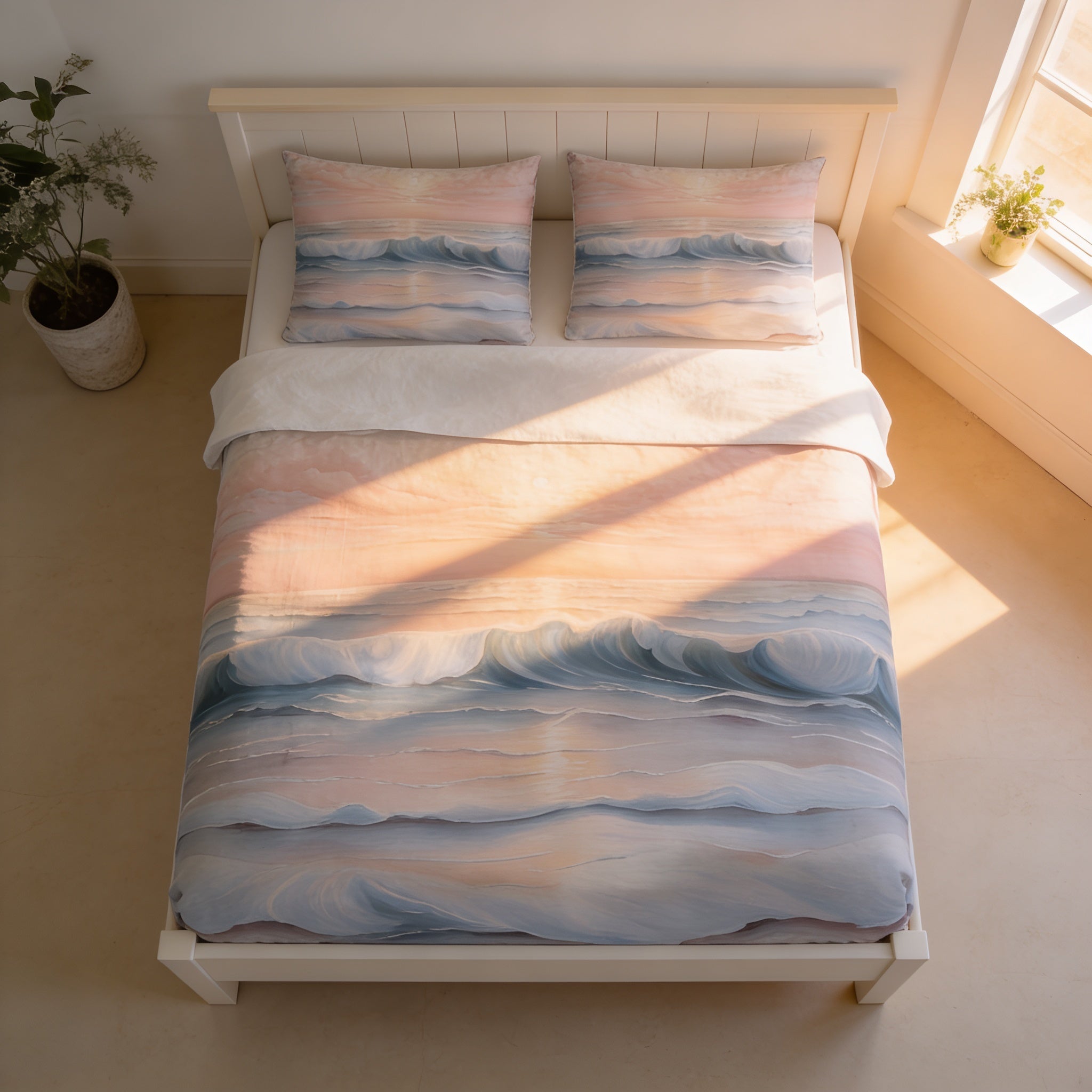 a bedroom with a bed covered in a colorful, patterned comforter featuring a wave design. The bed is positioned against a wall, and there is a window nearby. A potted plant is visible on the left side of the room.