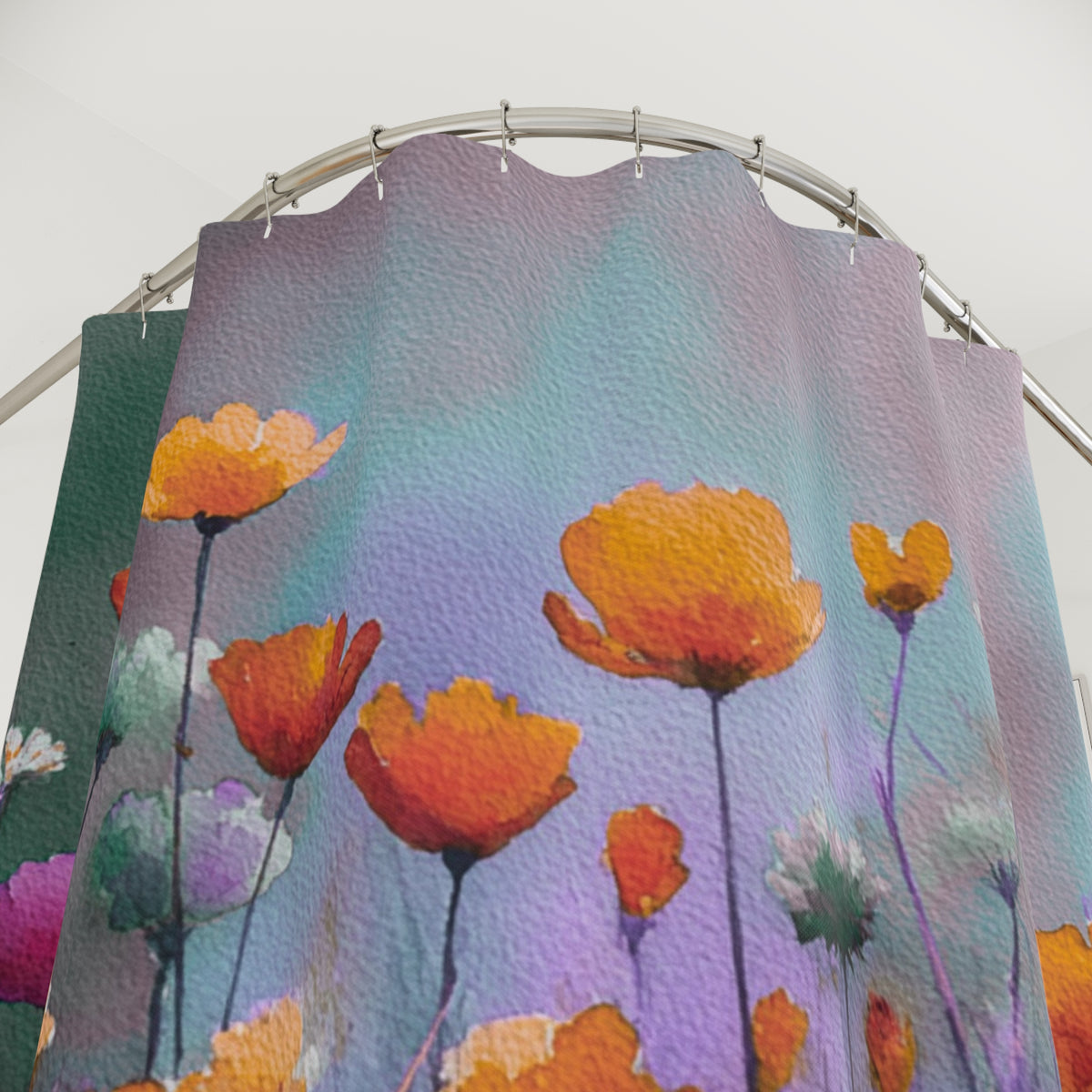 a vibrant shower curtain with a colorful floral pattern, including orange and purple flowers.