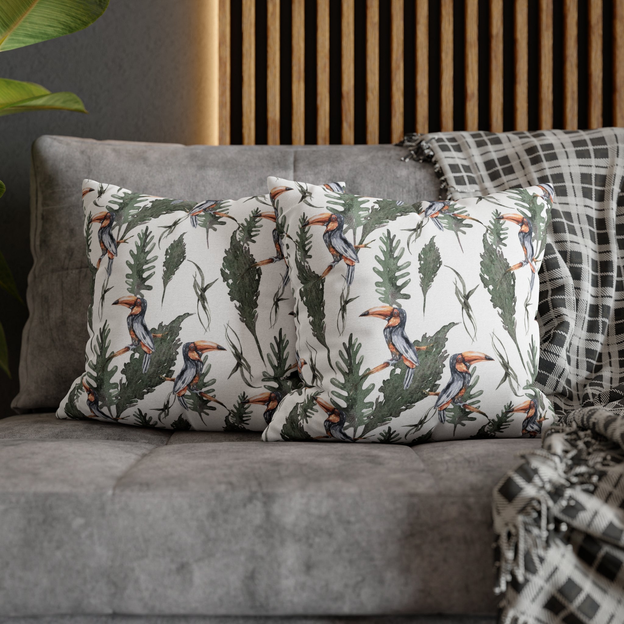 Tropical Tucan Floral Pillow Cover | White Sage Green Jungle Leaves