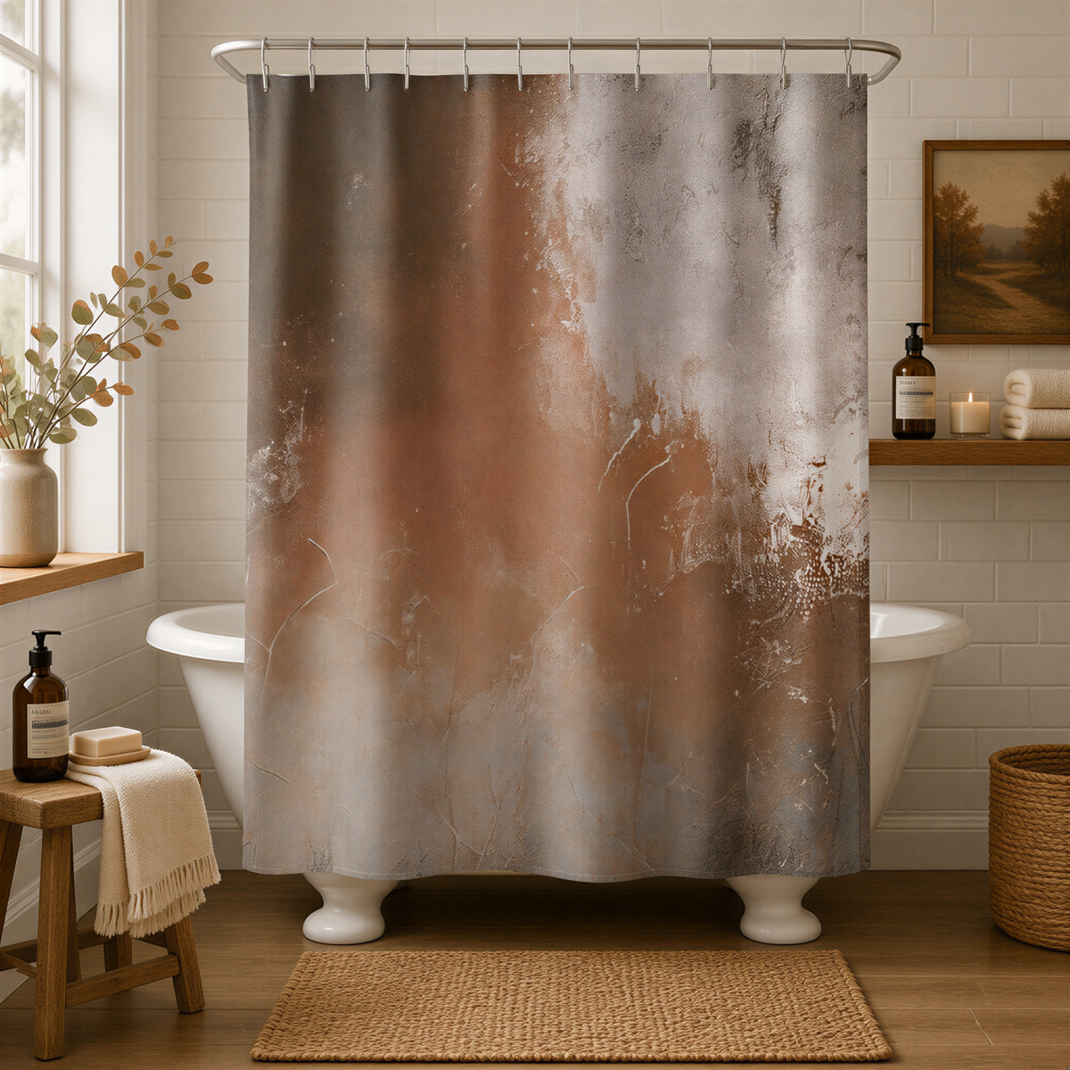 a bathroom with a white bathtub, a shower curtain with a textured brown and white design, and a wooden stool. There are also some bottles and a vase on the counter.