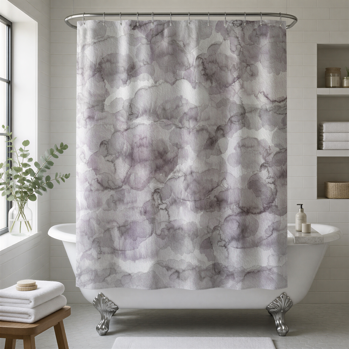 a bathroom with a white bathtub, a shower curtain with a watercolor-like pattern, and a wooden stool.