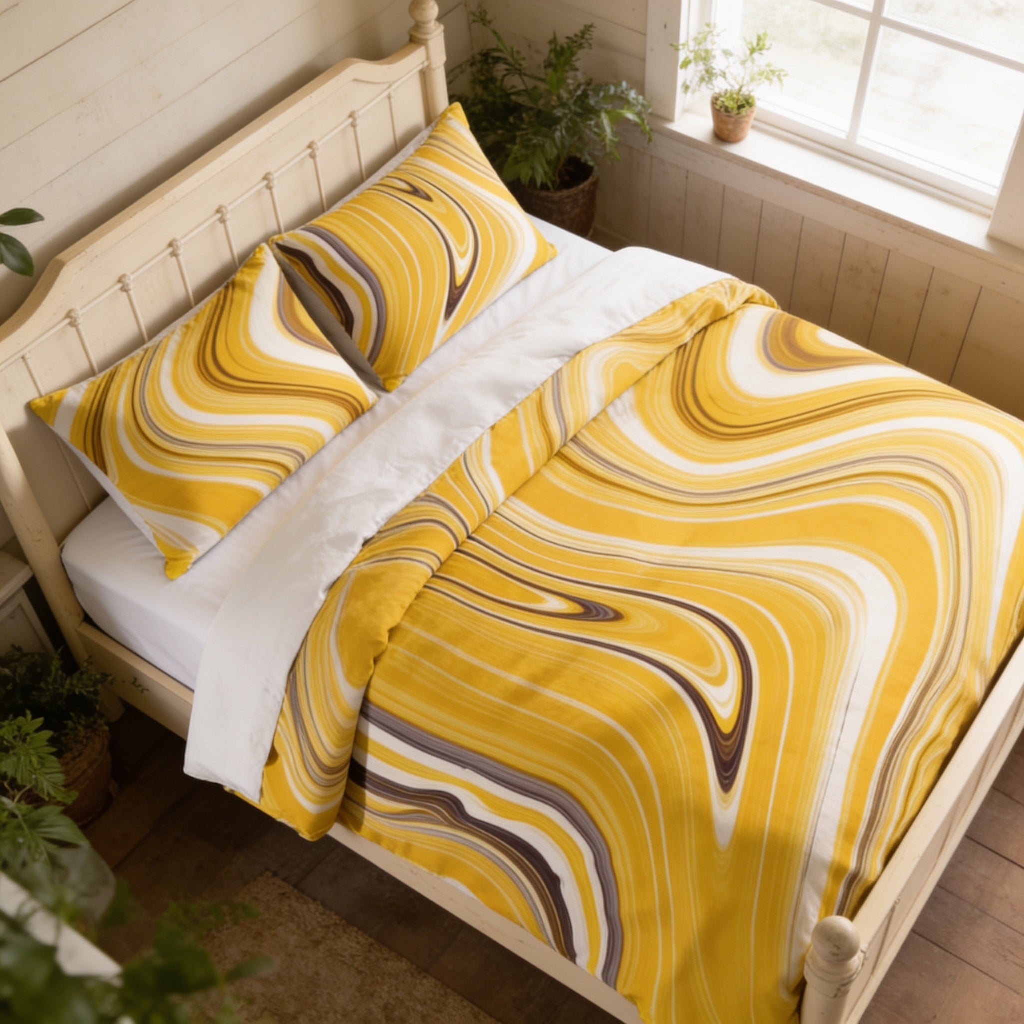a cozy bedroom with a bed dressed in a vibrant yellow and brown patterned comforter and pillows. The bed is positioned against a wall with a window, and there are potted plants nearby, adding a touch of greenery to the room.