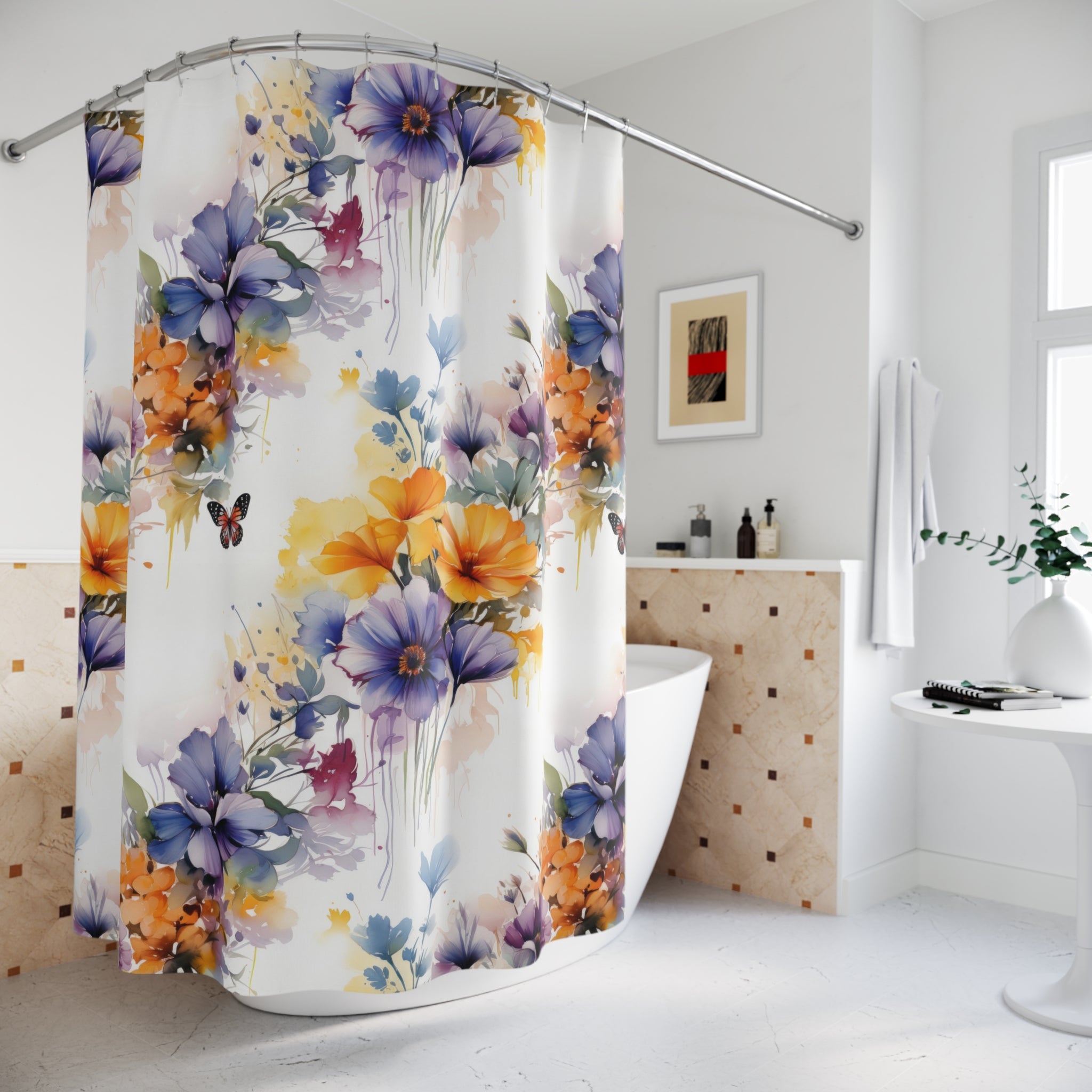 Floral Shower Curtain | White Botanical Colorful Fabric Curtain