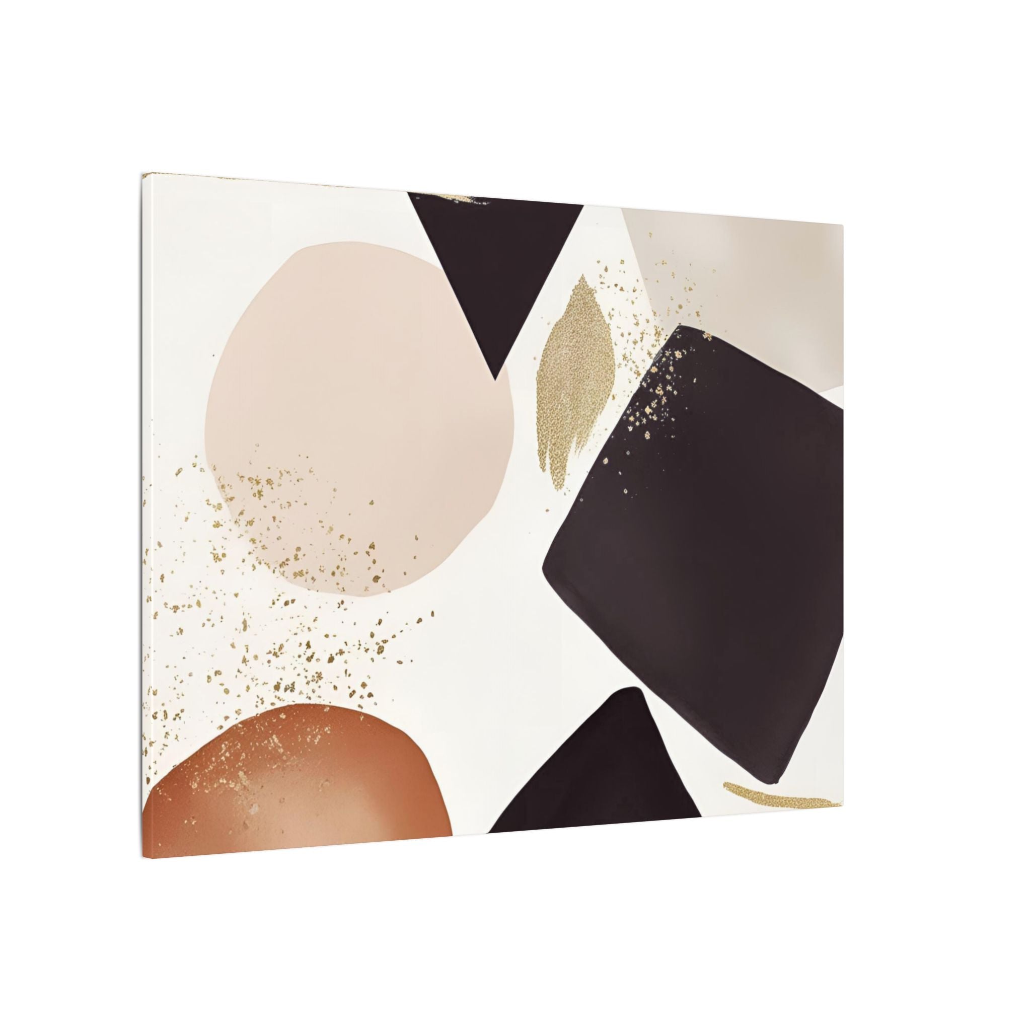 The image is a modern abstract art piece featuring a combination of geometric shapes and patterns in various colors, including shades of brown, black, and white. The artwork is predominantly white, with splashes of color and gold accents adding depth and visual interest.