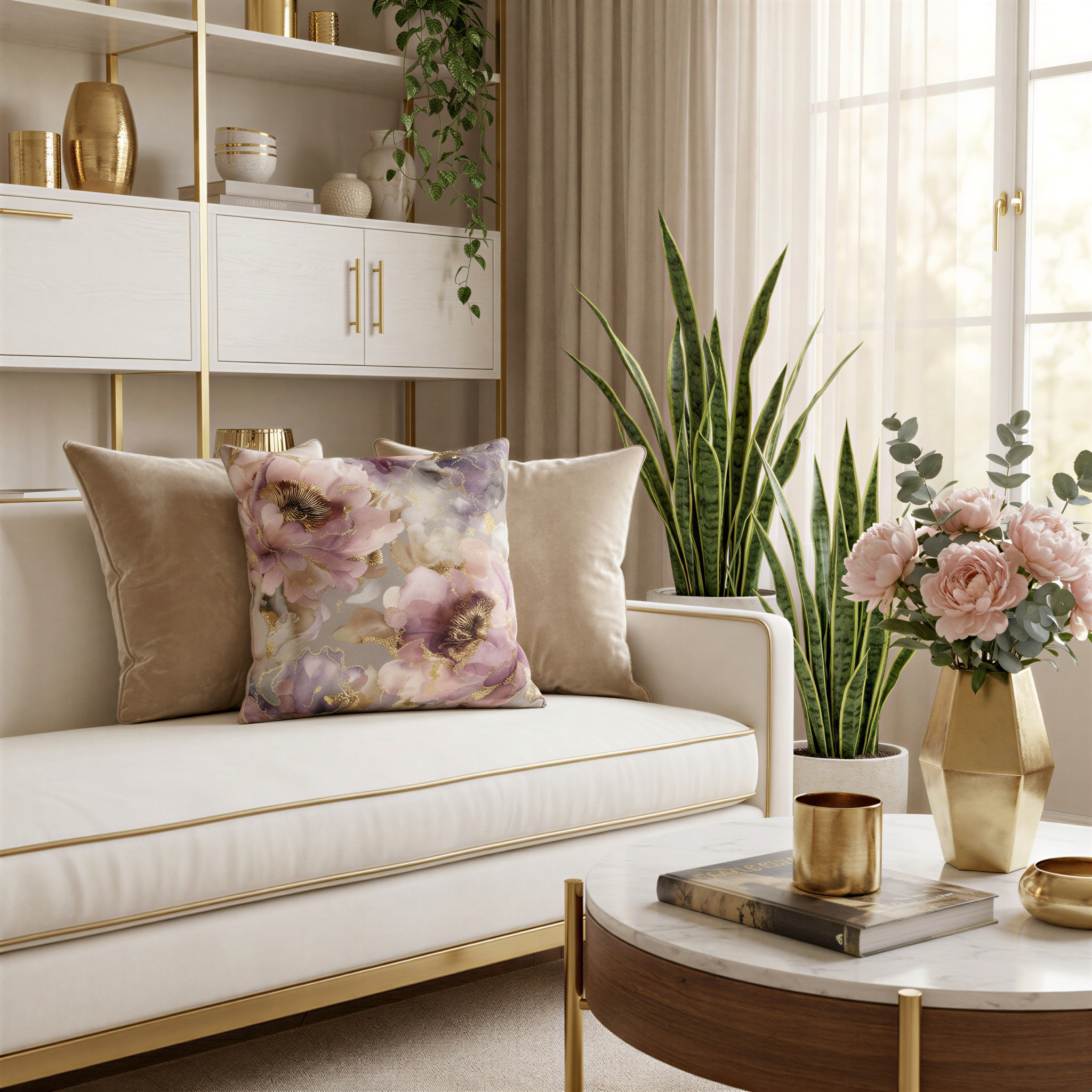 a well-decorated living room with a white sofa, a round coffee table, and various decorative elements such as potted plants, vases, and books.