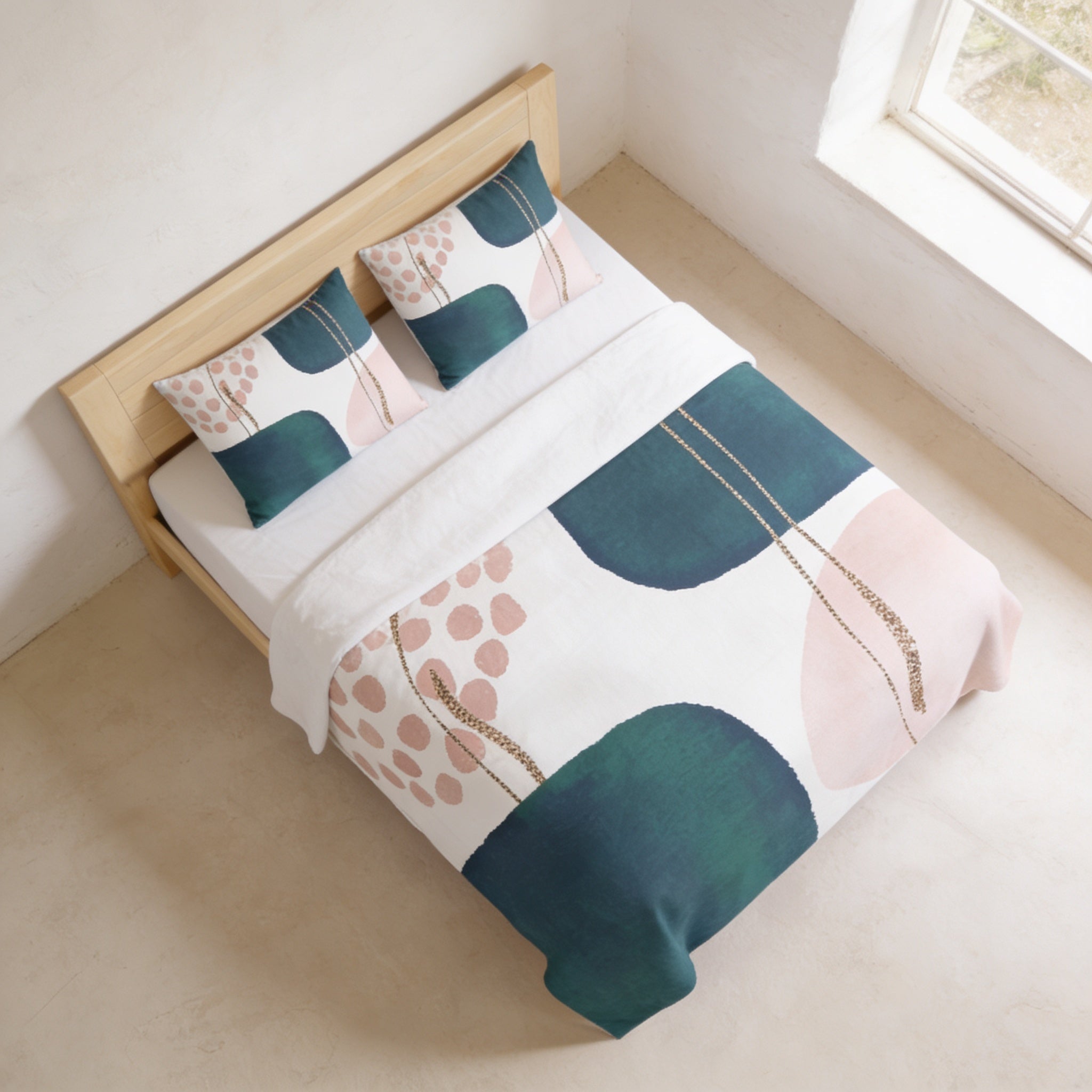 a bedroom with a bed featuring a colorful abstract patterned comforter and pillows.