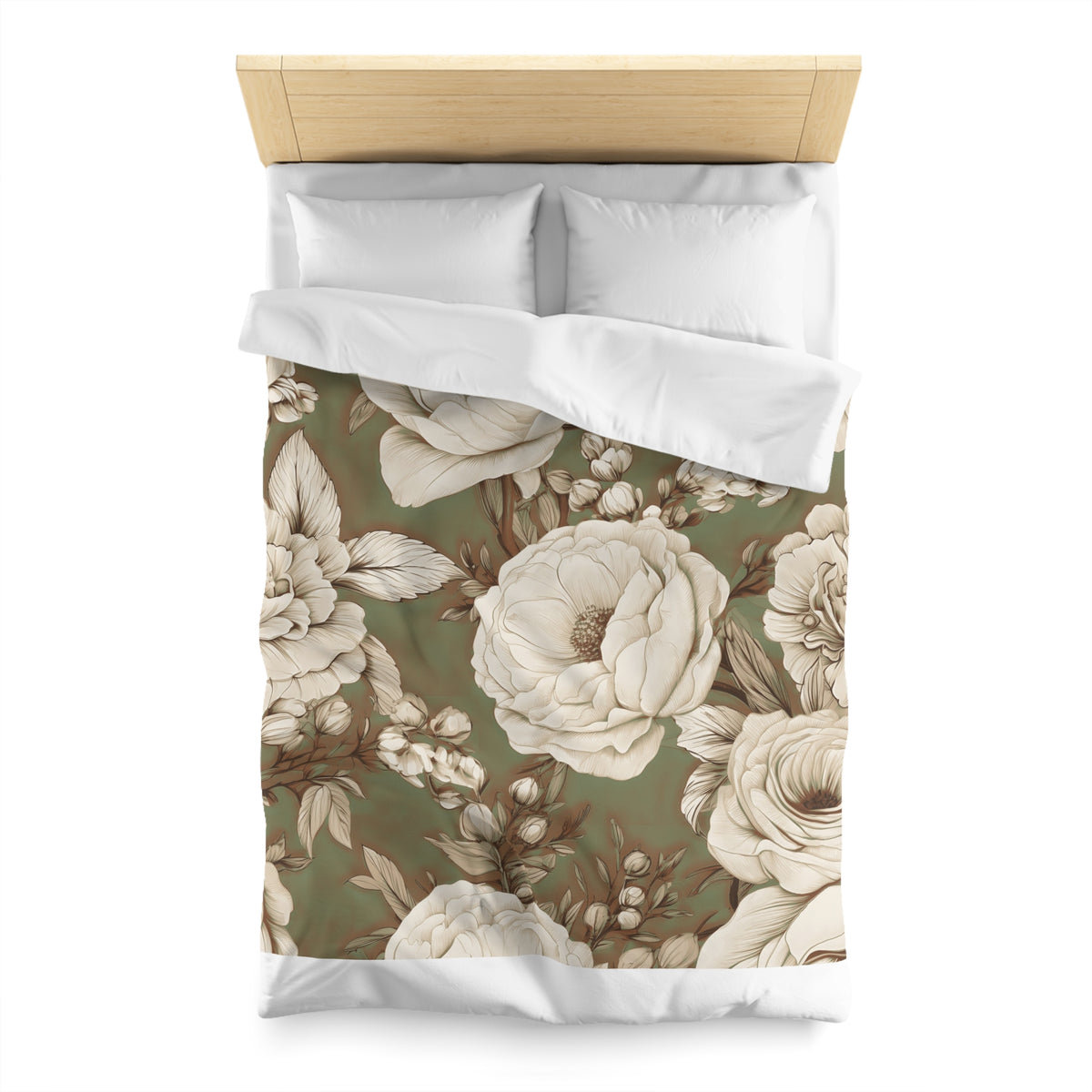 a bed with a floral print duvet cover and pillows.