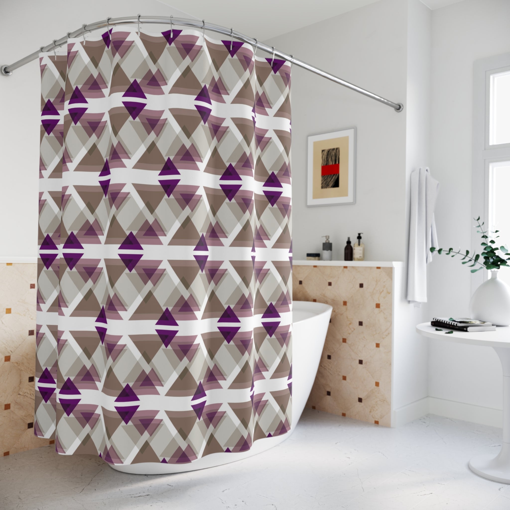 Boho Shower Curtain | Geometric Purple White Taupe Beige Fabric Curtain