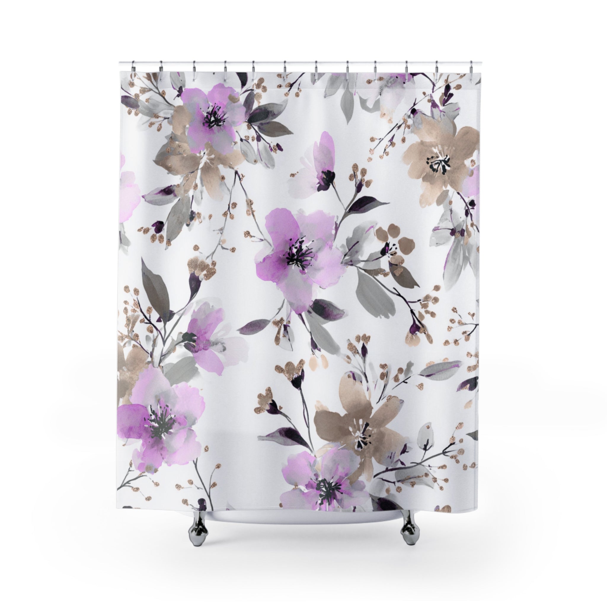 Lavender and Grey Floral Shower Curtain, Bath Mat | Watercolor Botanical Bathroom