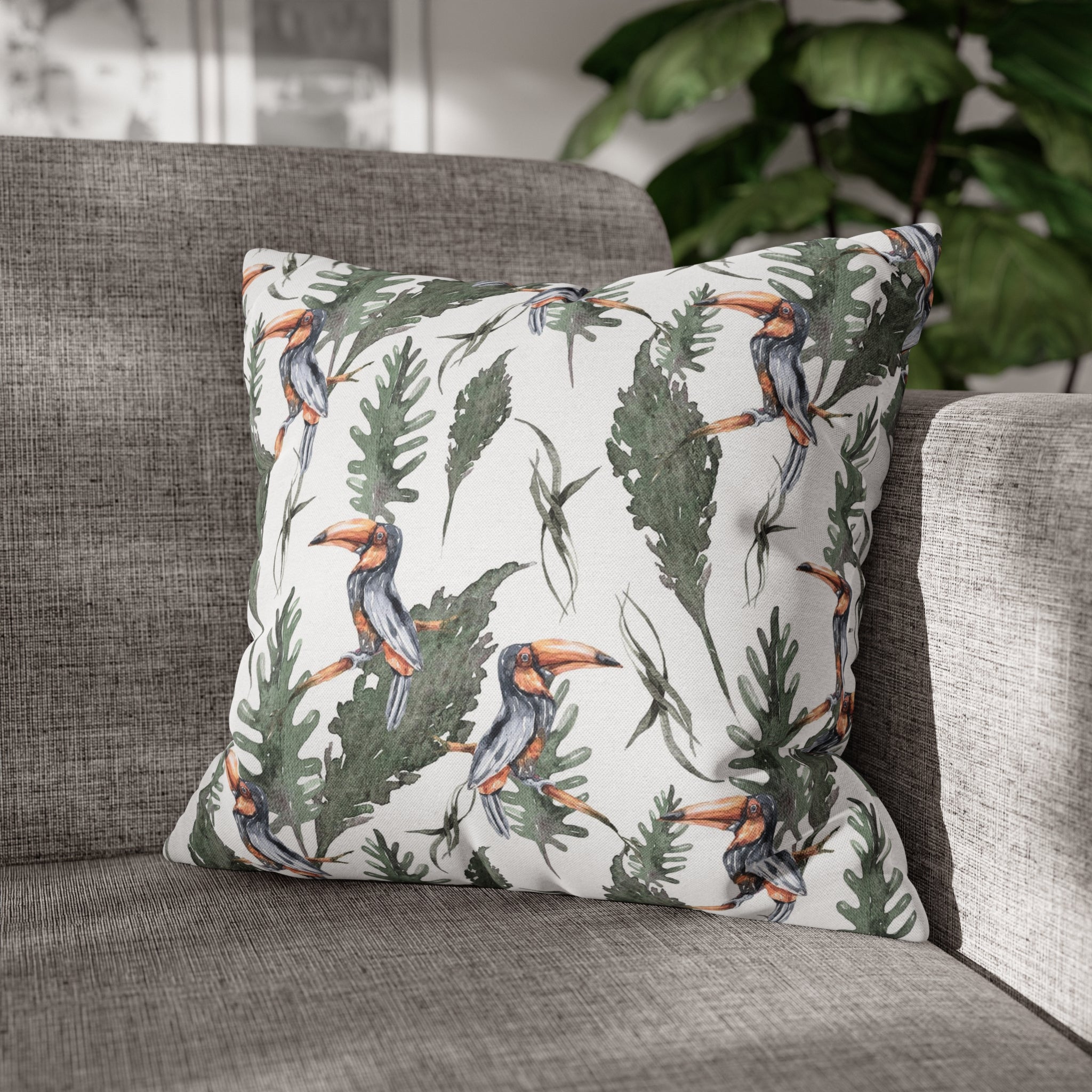 Tropical Tucan Floral Pillow Cover | White Sage Green Jungle Leaves