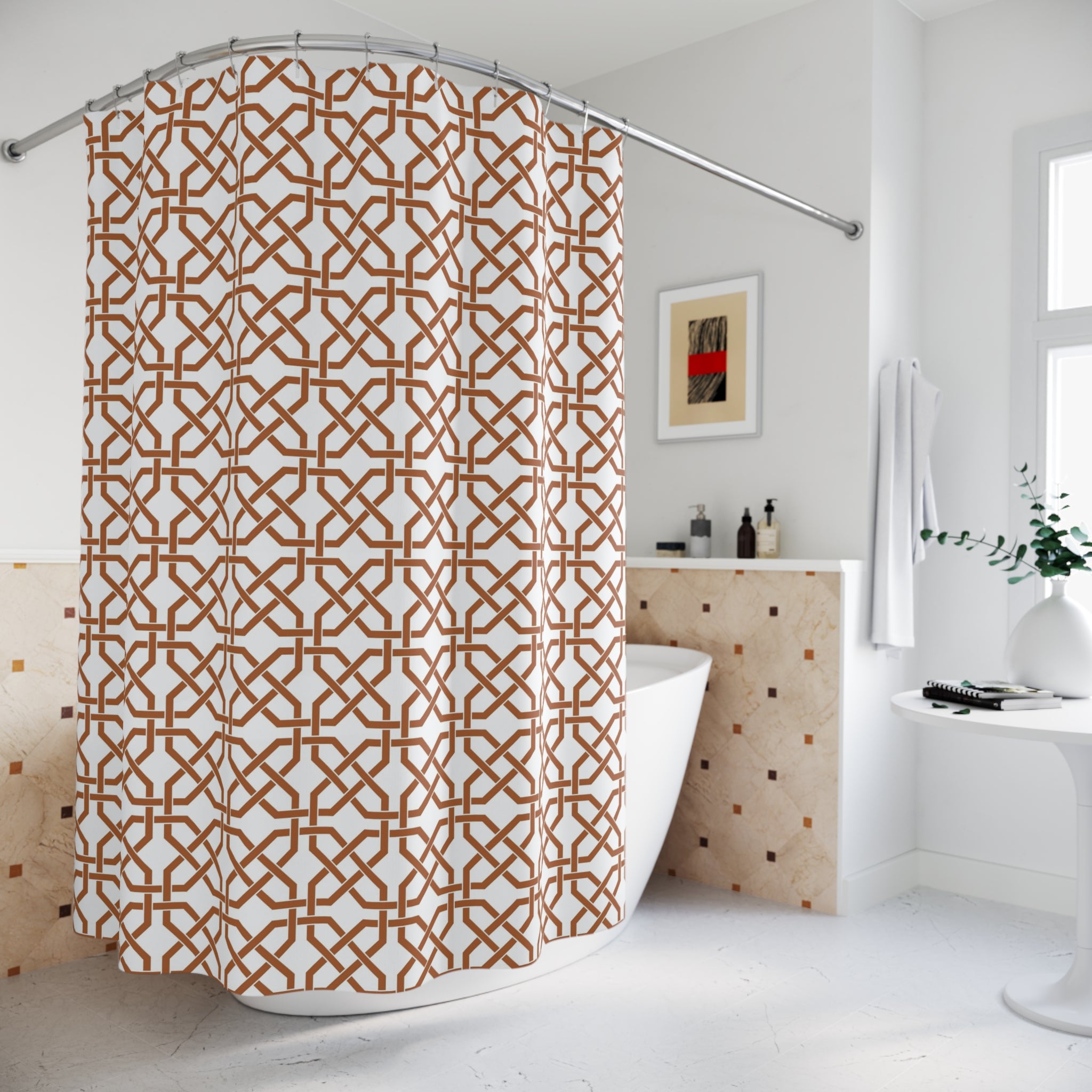 Boho Shower Curtain | White Brown Geometric
