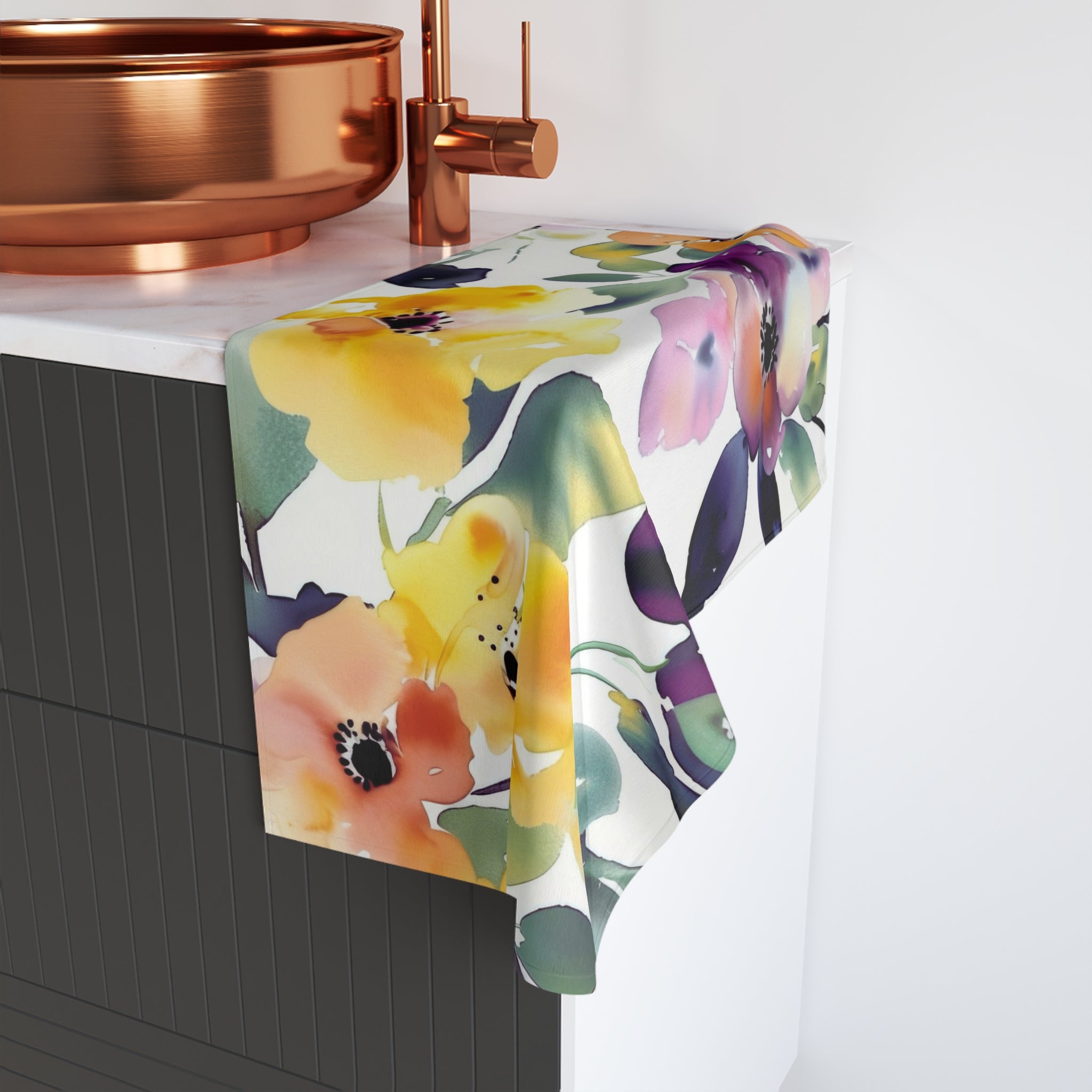 Floral Kitchen, Bath Hand Towel | Botanical Yellow Purple, Green Watercolor