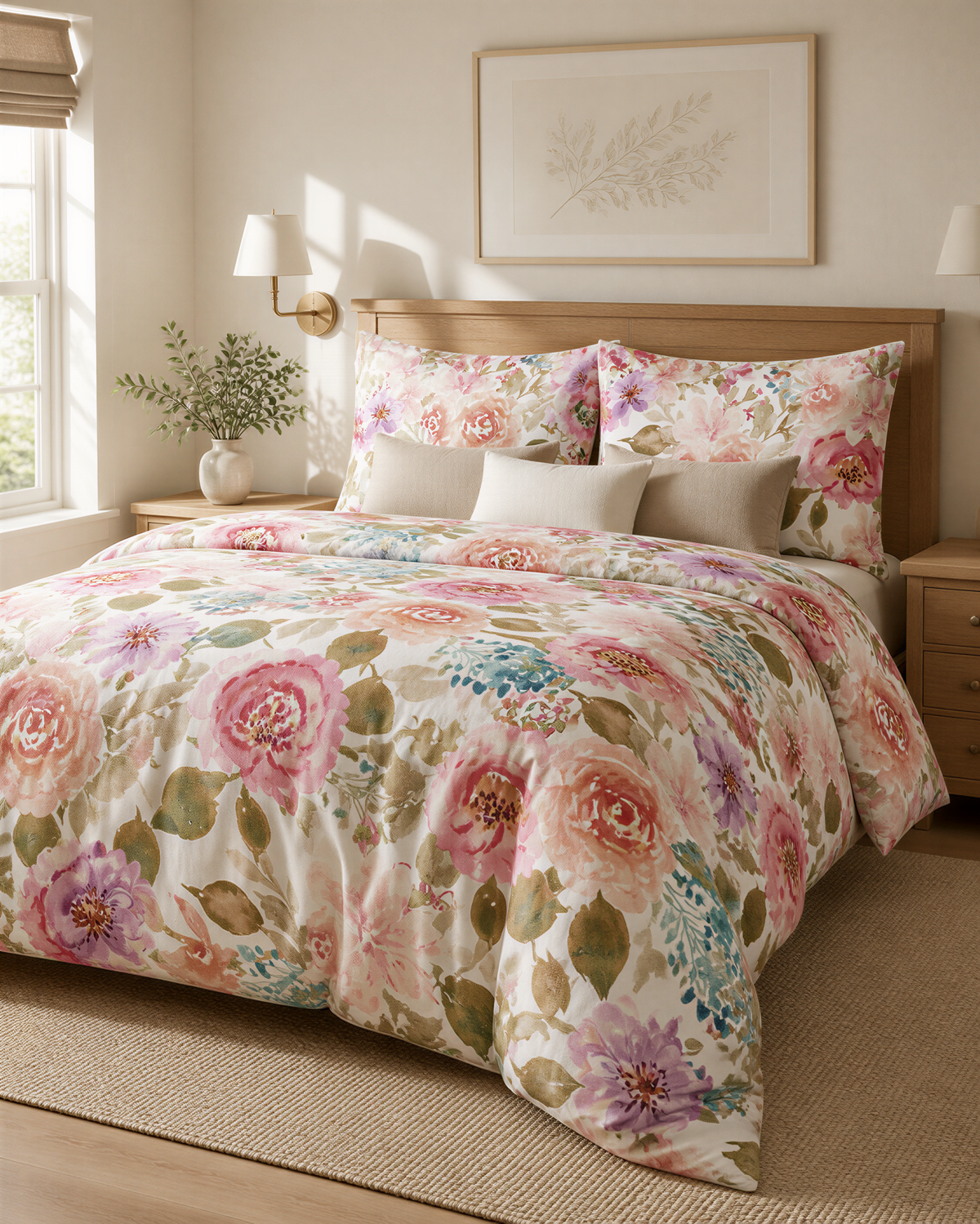a cozy bedroom with a large floral bedspread and matching pillows, creating a warm and inviting atmosphere.