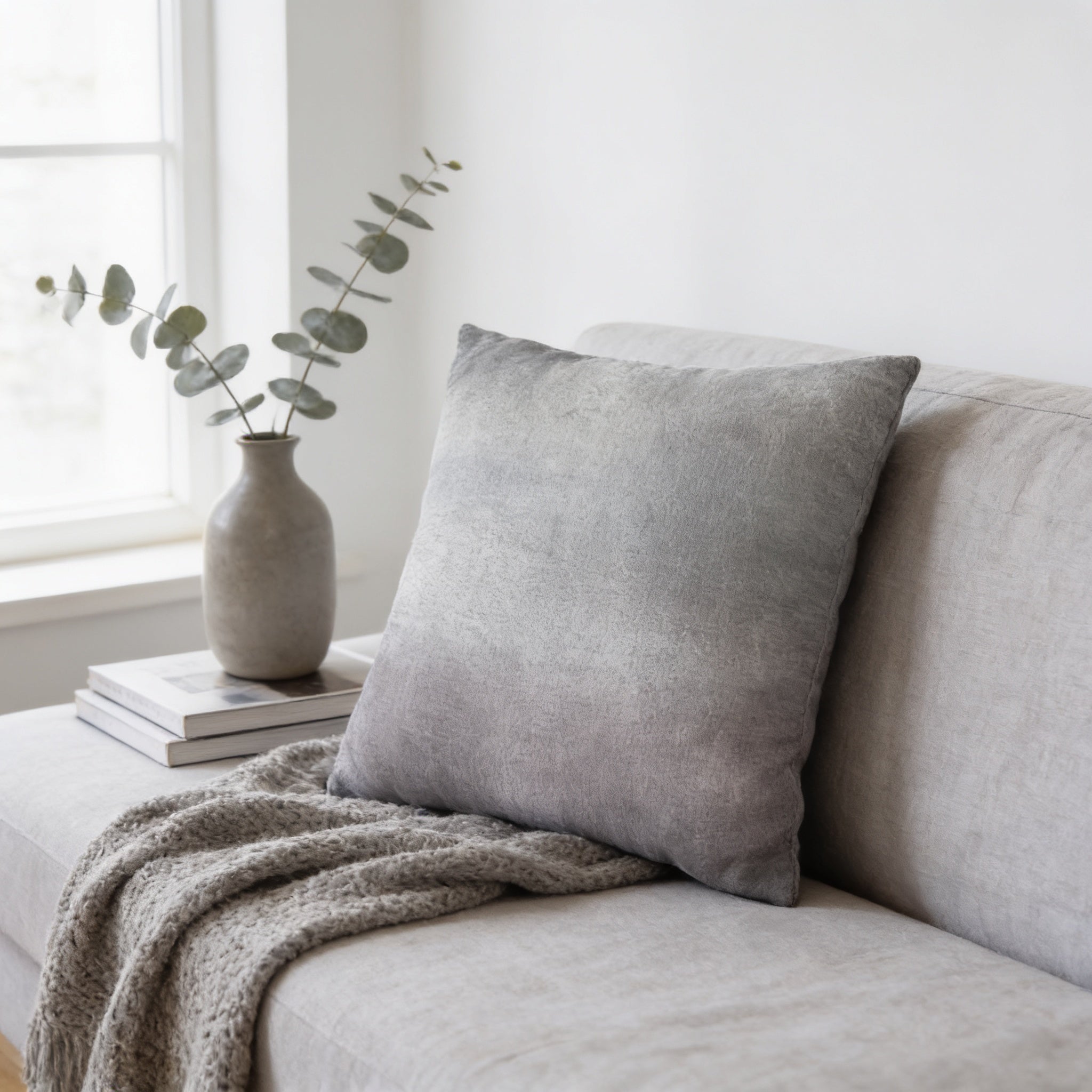 a gray sofa with a gray throw blanket and a gray pillow, along with a stack of books and a vase of greenery on a windowsill.