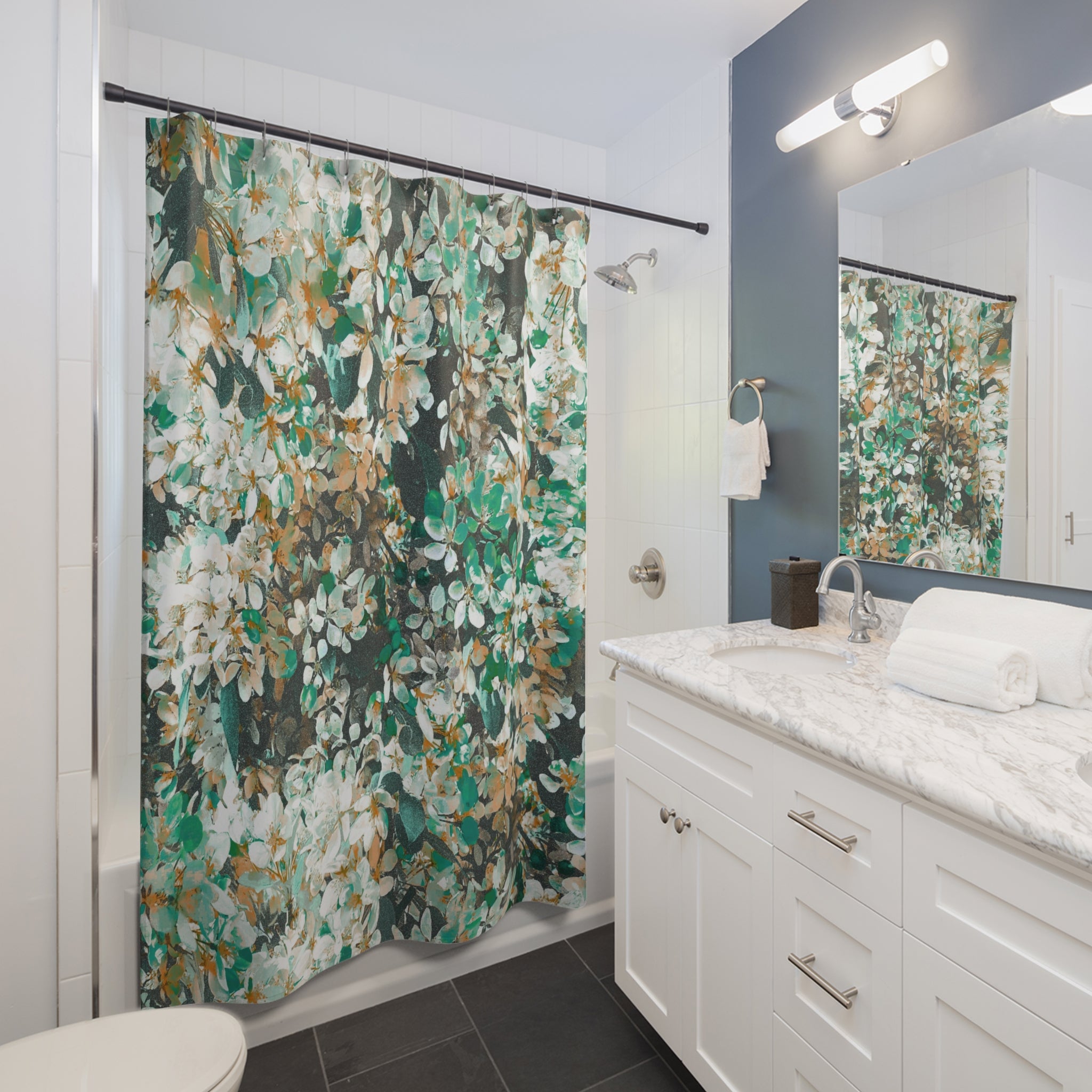 Floral Shower Curtain | Green White Beige Bathroom Decor