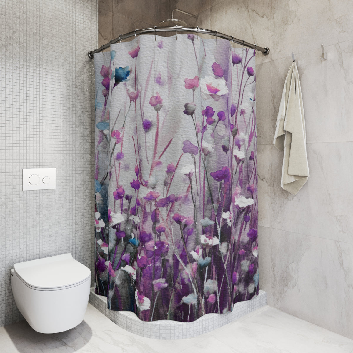 a bathroom with a shower curtain adorned with a floral pattern in shades of purple and white. The shower curtain is hanging from a rod next to a towel. The bathroom also includes a toilet and a sink.