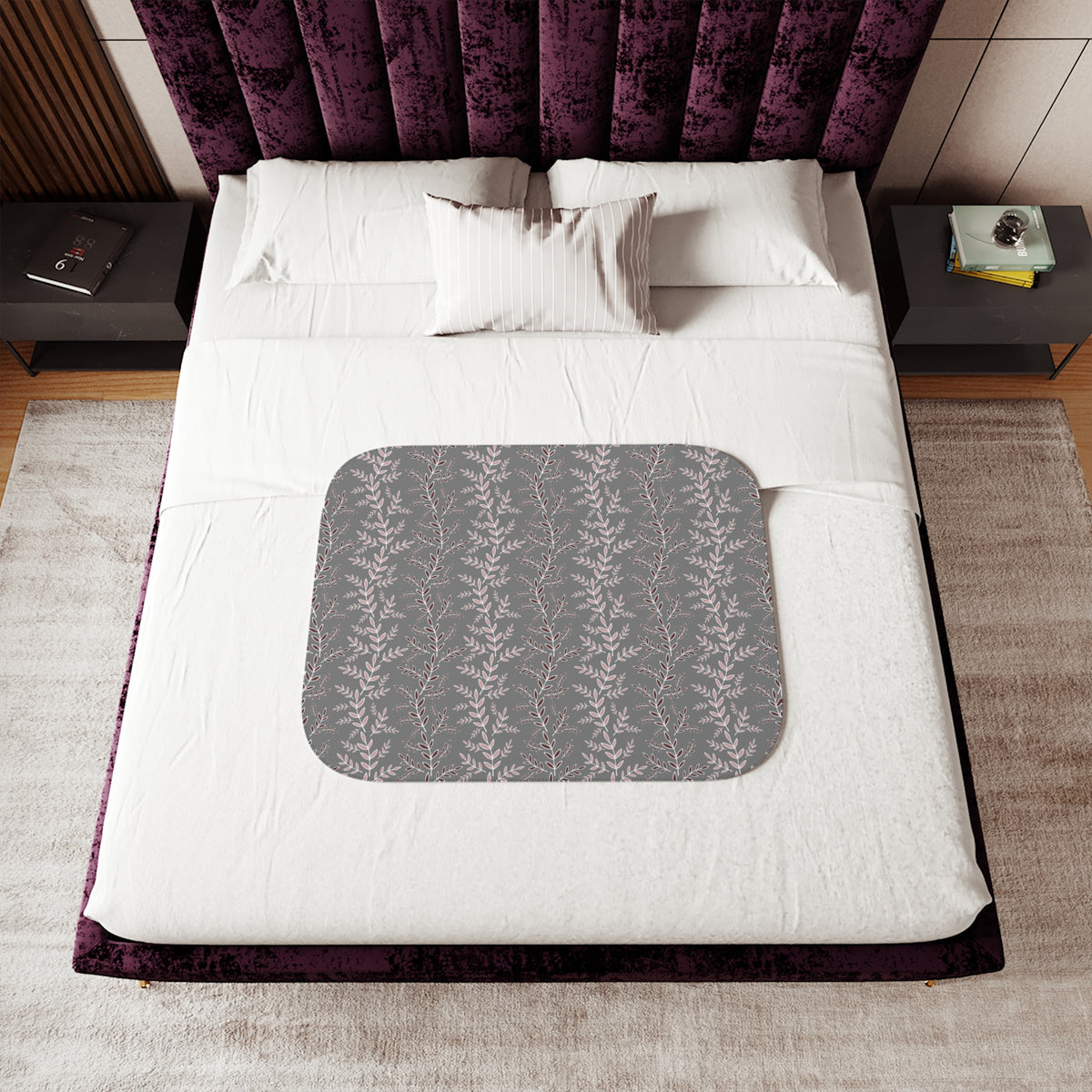 Blush Burgundy Leaf Sprig Sherpa Blanket | Gray Botanical Throw