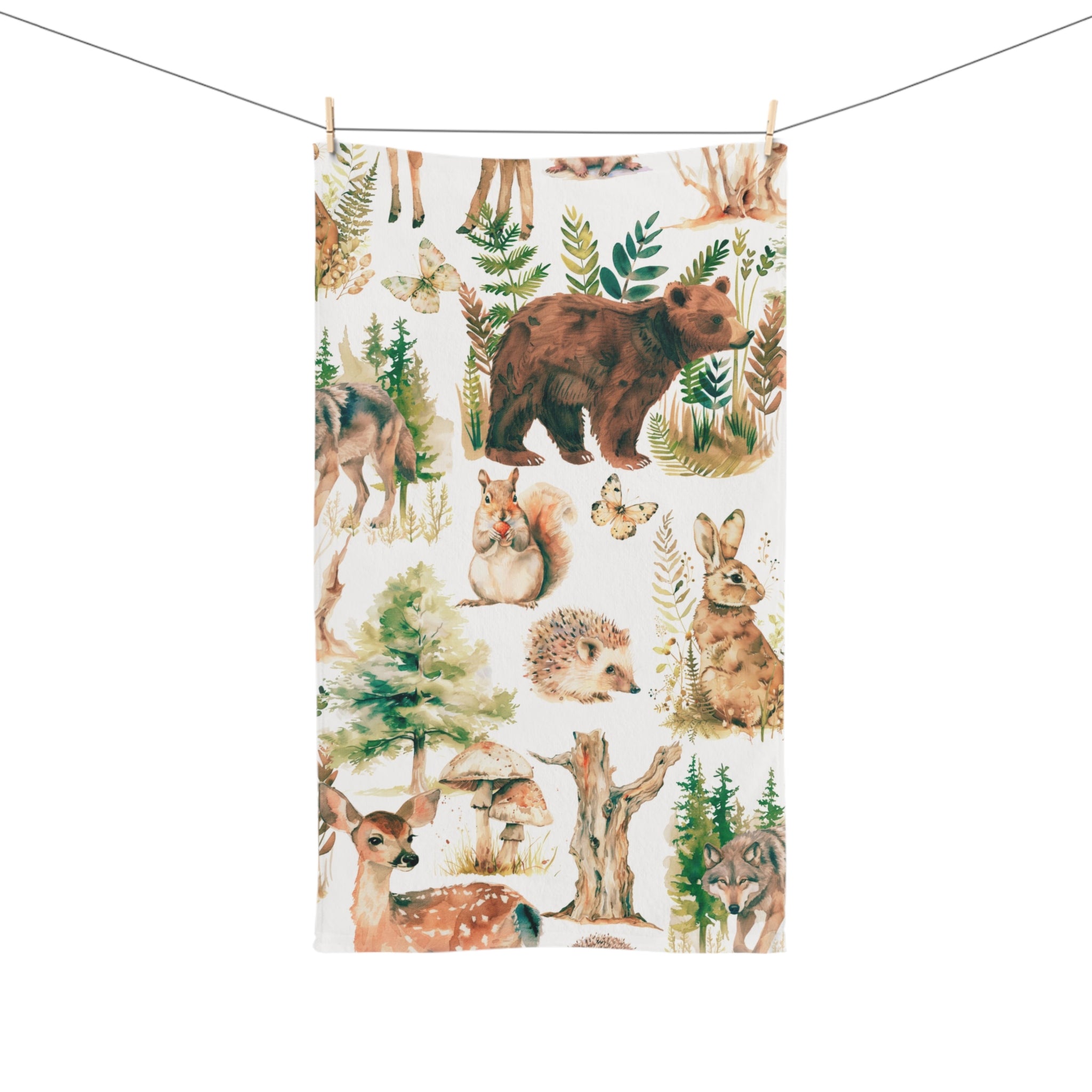 Floral Kitchen, Bath Hand Towel | Forest Wild Animals, Nature Beige Green