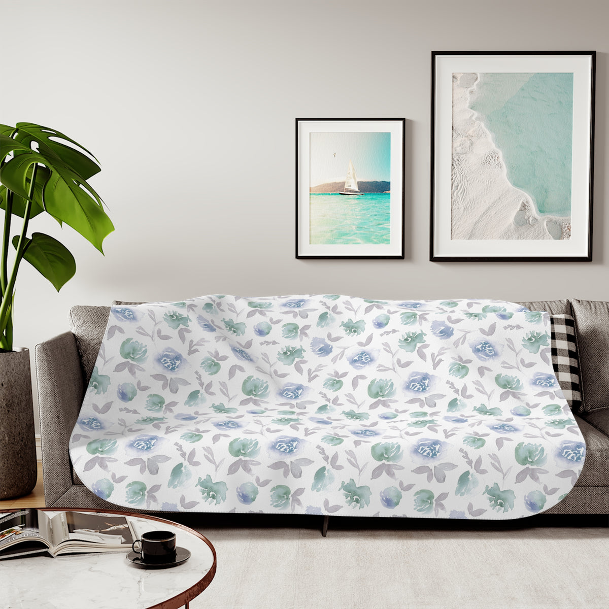 Blue Mint Watercolor Rosette Sherpa Blanket | Soft Floral Throw