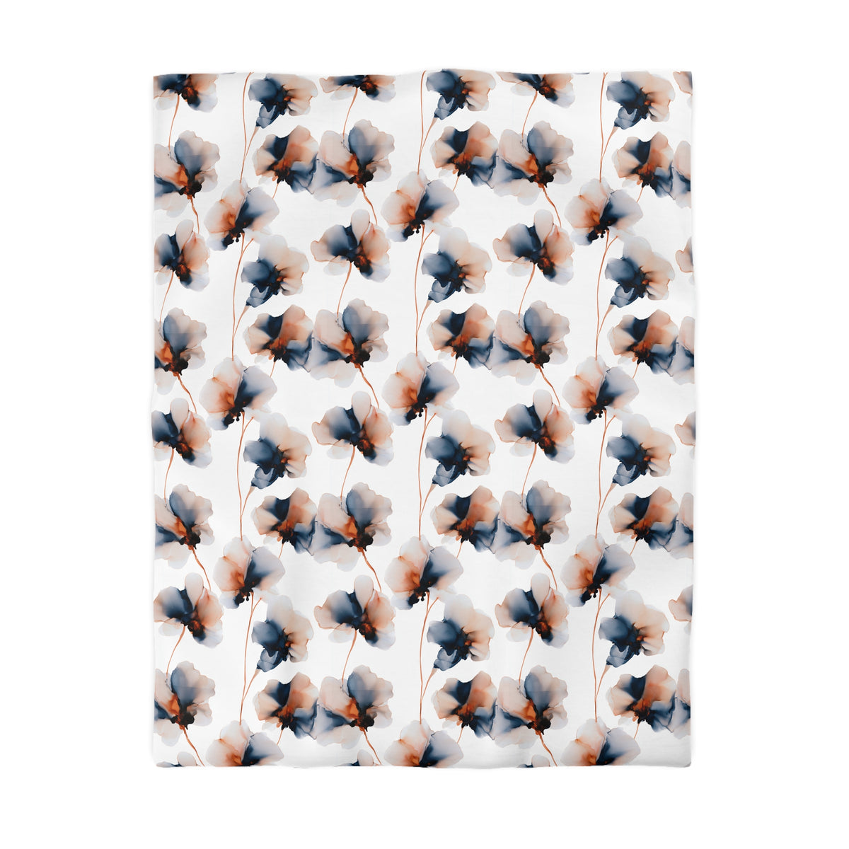 a repeating pattern of blue and orange flowers on a white background.