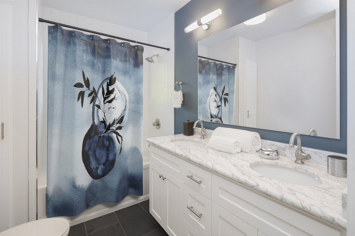 Floral Shower Curtain Navy Blue Ombre