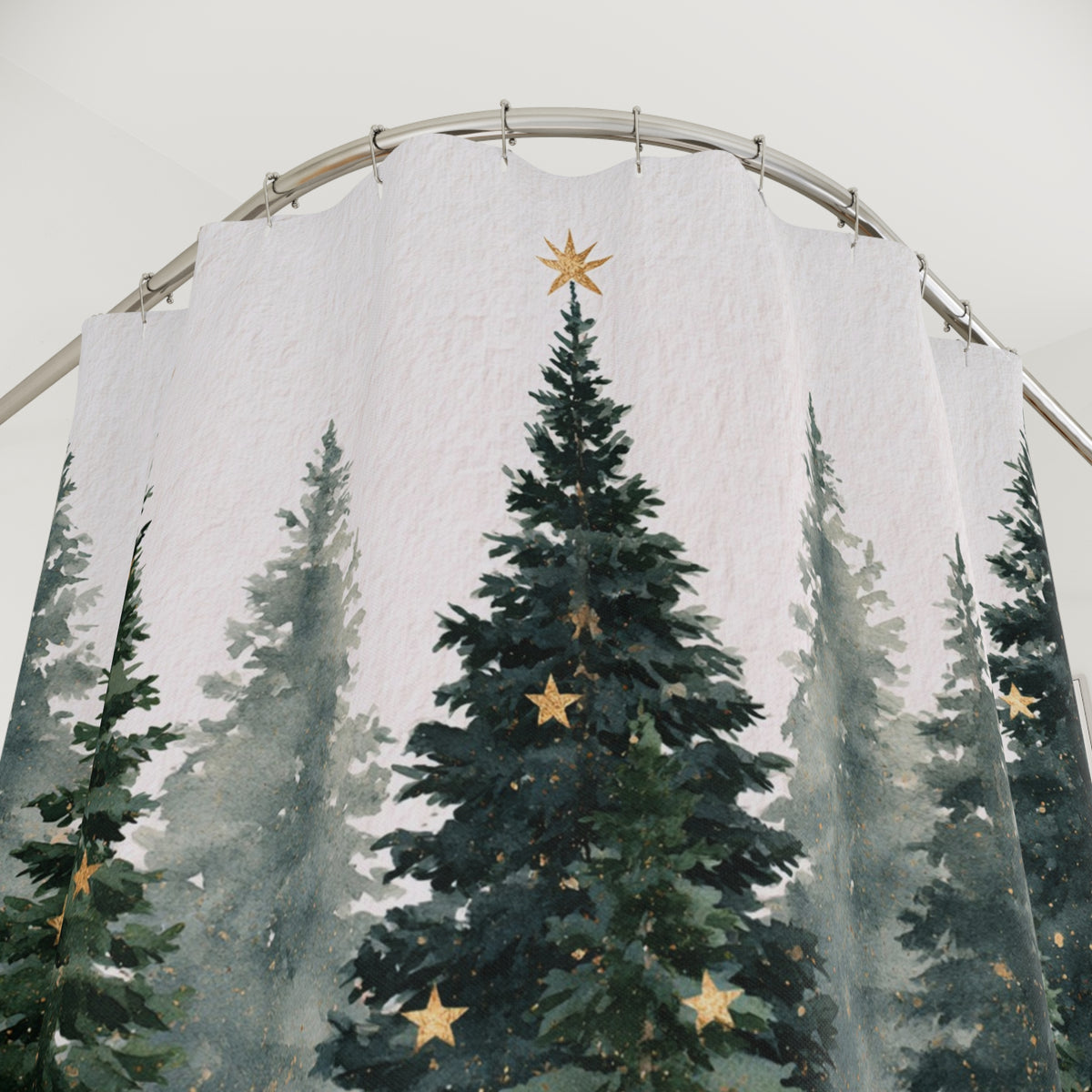 Starry Evergreen Christmas Tree Shower Curtain, Bath Curtain 71x74