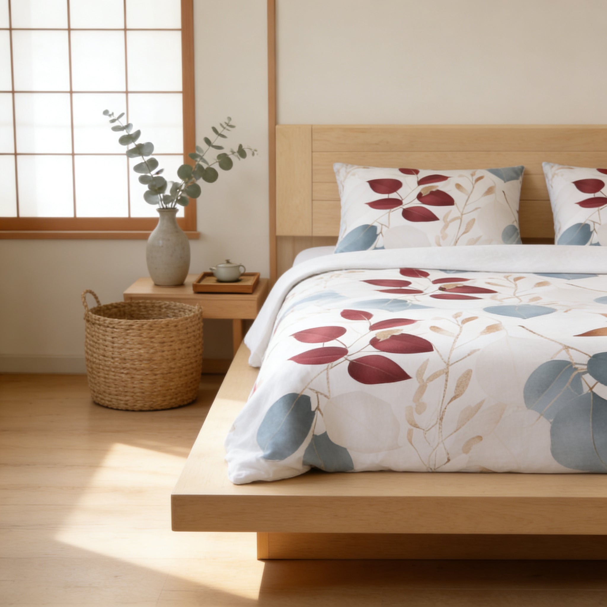 a serene and cozy bedroom scene, featuring a wooden bed with a white and red floral comforter, a wooden headboard, and a woven basket on the floor. A vase of greenery and a small wooden table with a teapot are also present in the room, creating a warm and inviting atmosphere.