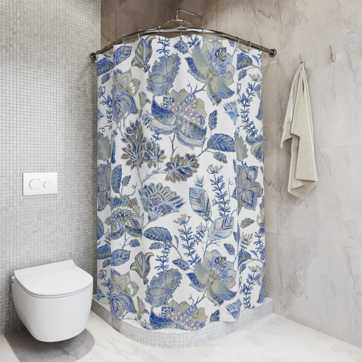 Blue Beige Jacobean Floral Shower Curtain, Bath Curtain 71x74