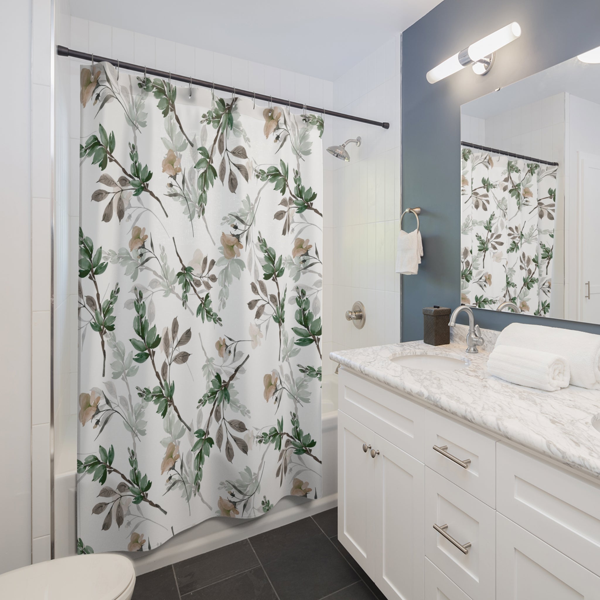 Floral Shower Curtain | Sage Green, White Bathroom Decor