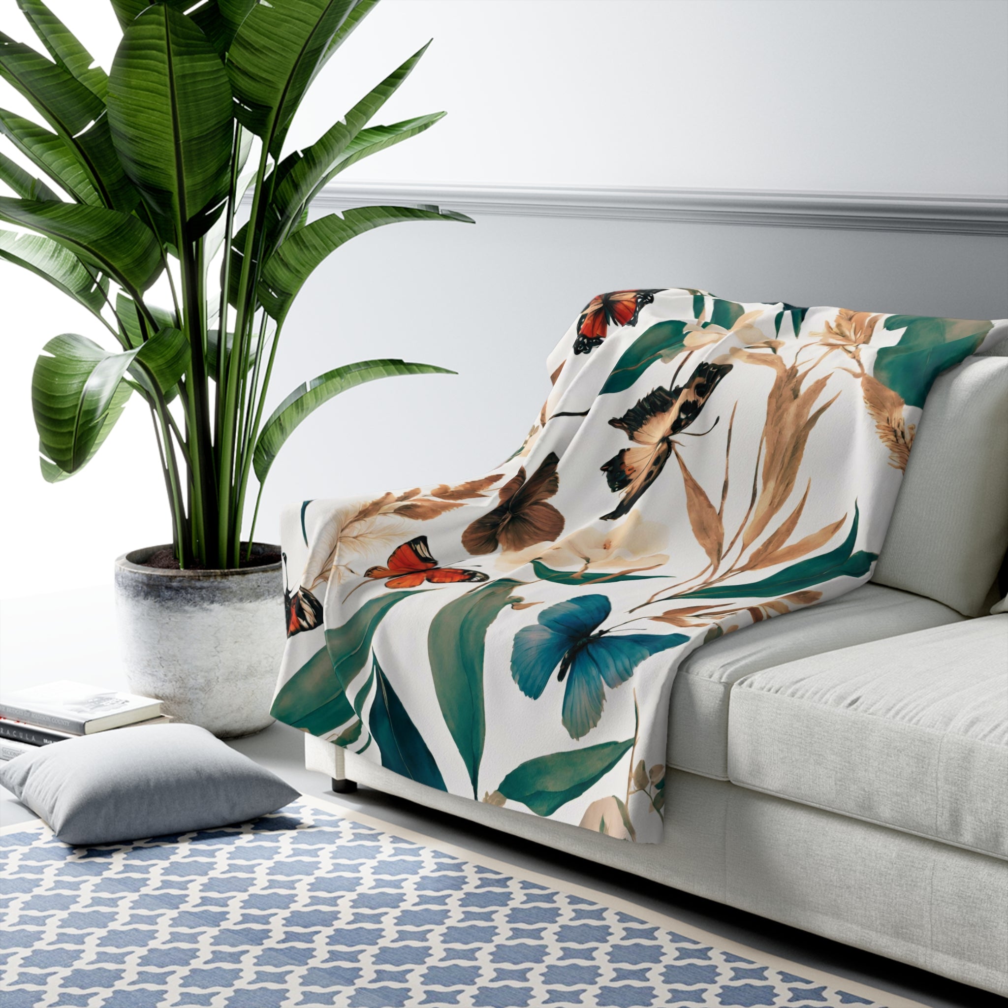 Butterflies Floral Throw Blanket | Green Beige Meadow