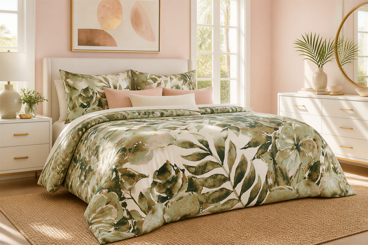 a bedroom with a large bed covered in a green and white leaf-patterned comforter. The bed is flanked by white dressers, and there are two windows in the room. The walls are painted in a light pink color, and there is a framed artwork hanging above the bed. The room also features a rug and some decorative elements, such as a vase and a potted plant.