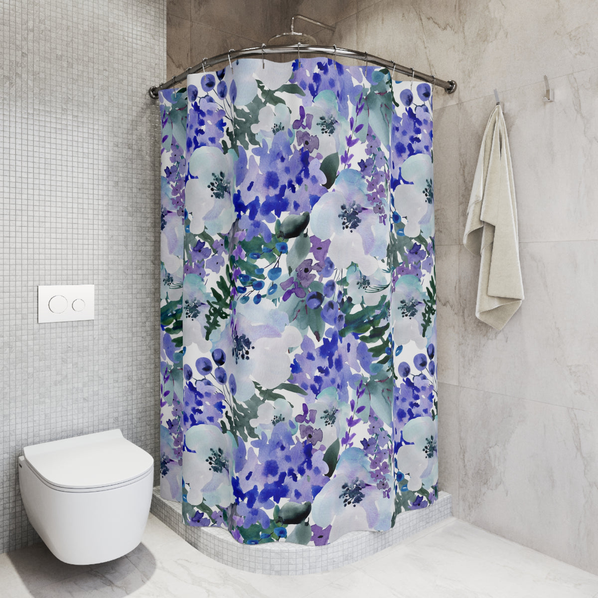 Cobalt Violet Watercolor Floral Shower Curtain, Bath Curtain 71x74