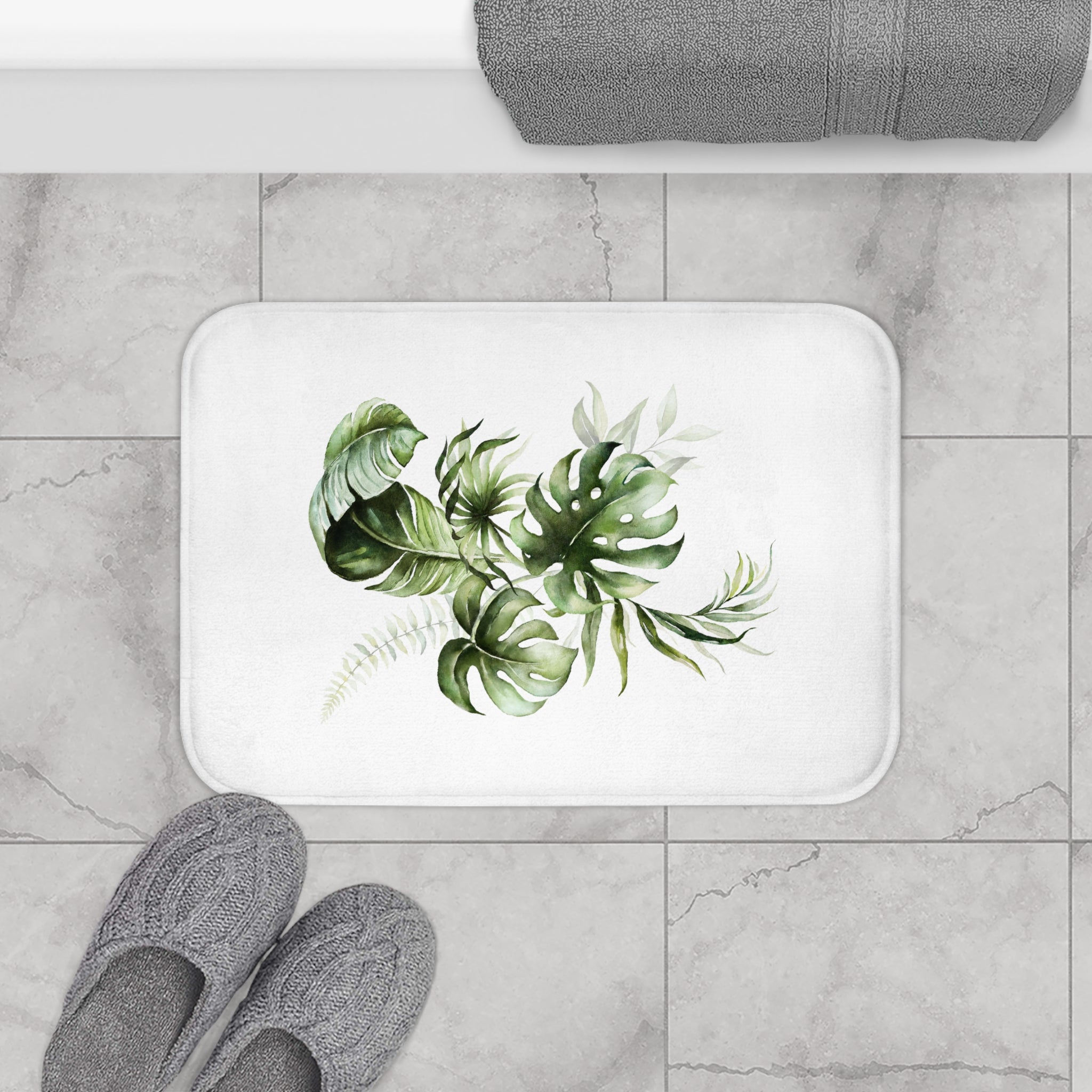 Floral Bath Mat | Green White Monstera Tropical Kitchen Mat