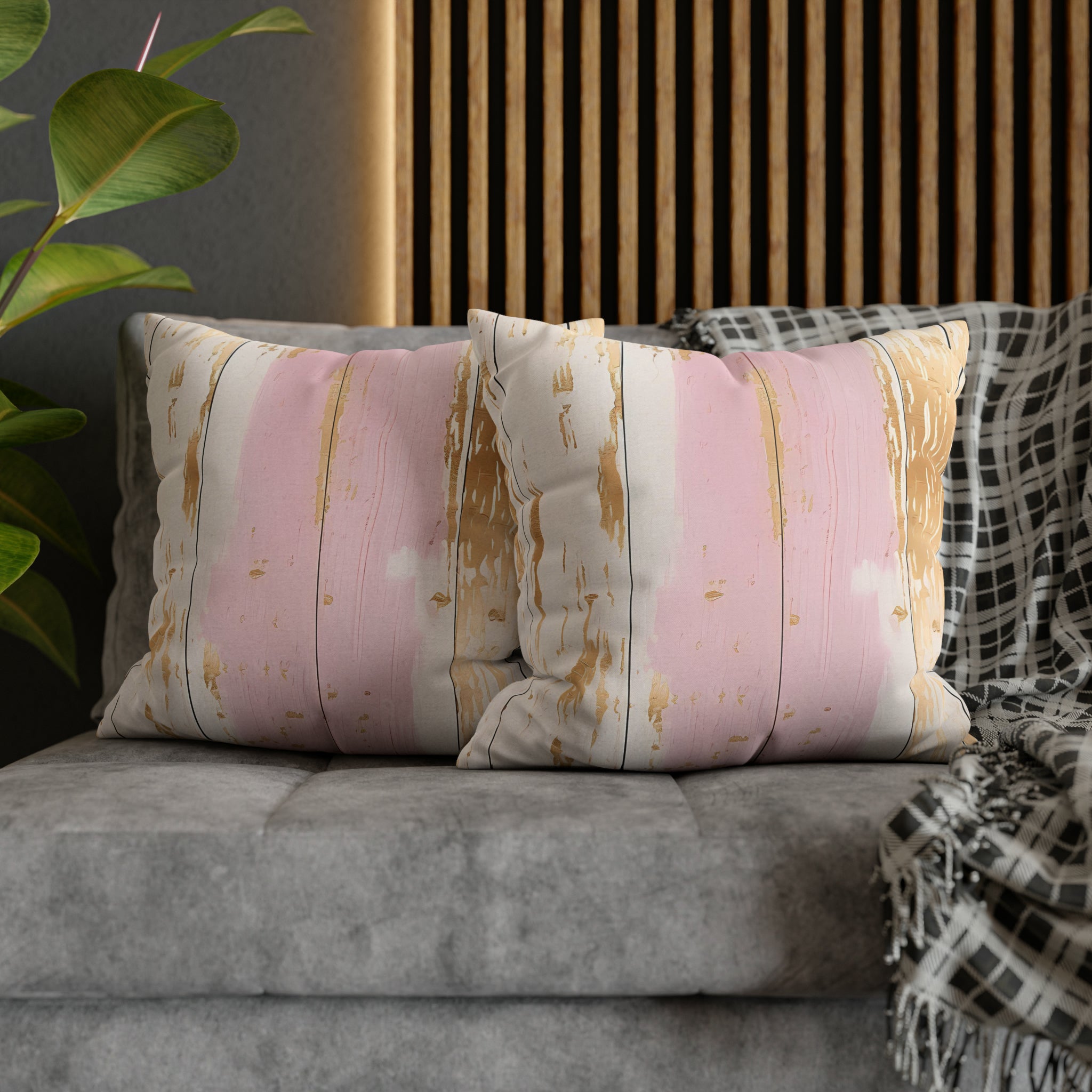 Rustic Pillow Cover | Blush Pink, Cream Muted Gold, Wooden Print
