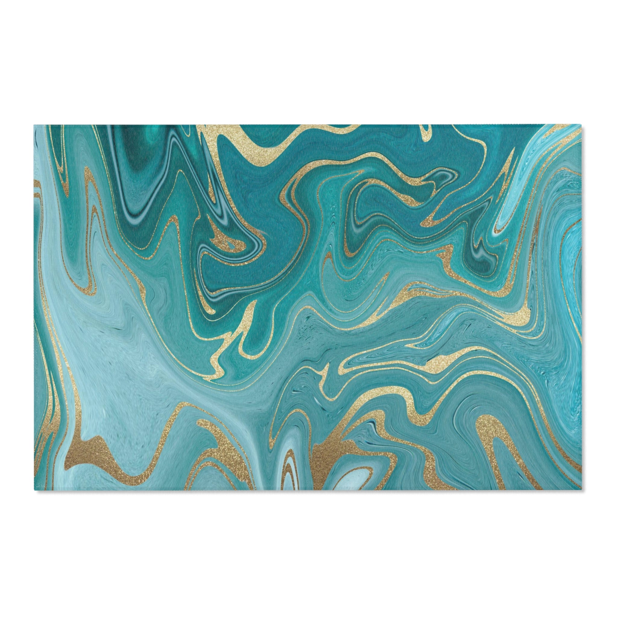 Abstract Large Area Rug | Teal Green Blue, Gold Beige Liquid Ink