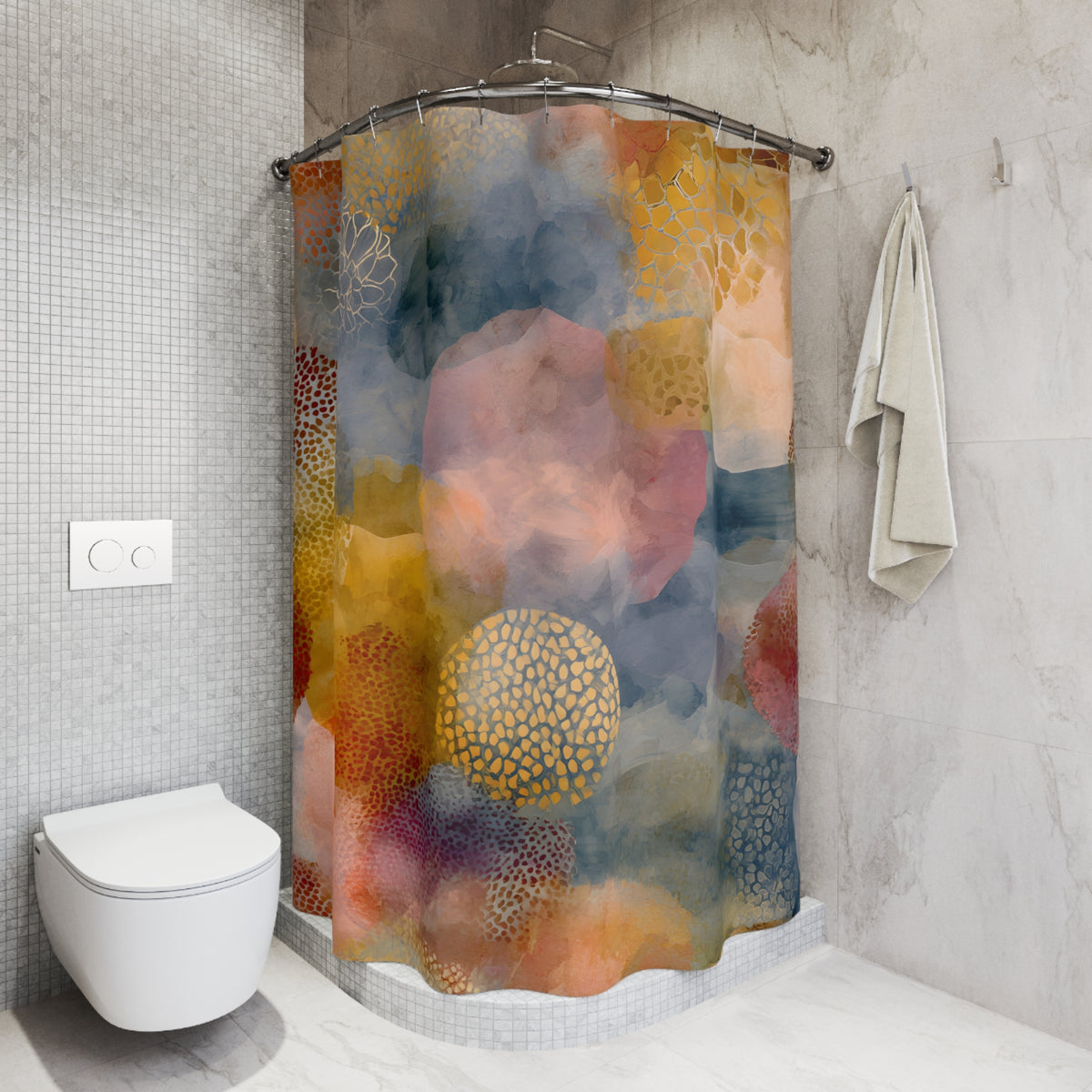 a bathroom with a colorful abstract patterned shower curtain, a white toilet, and a towel rack.