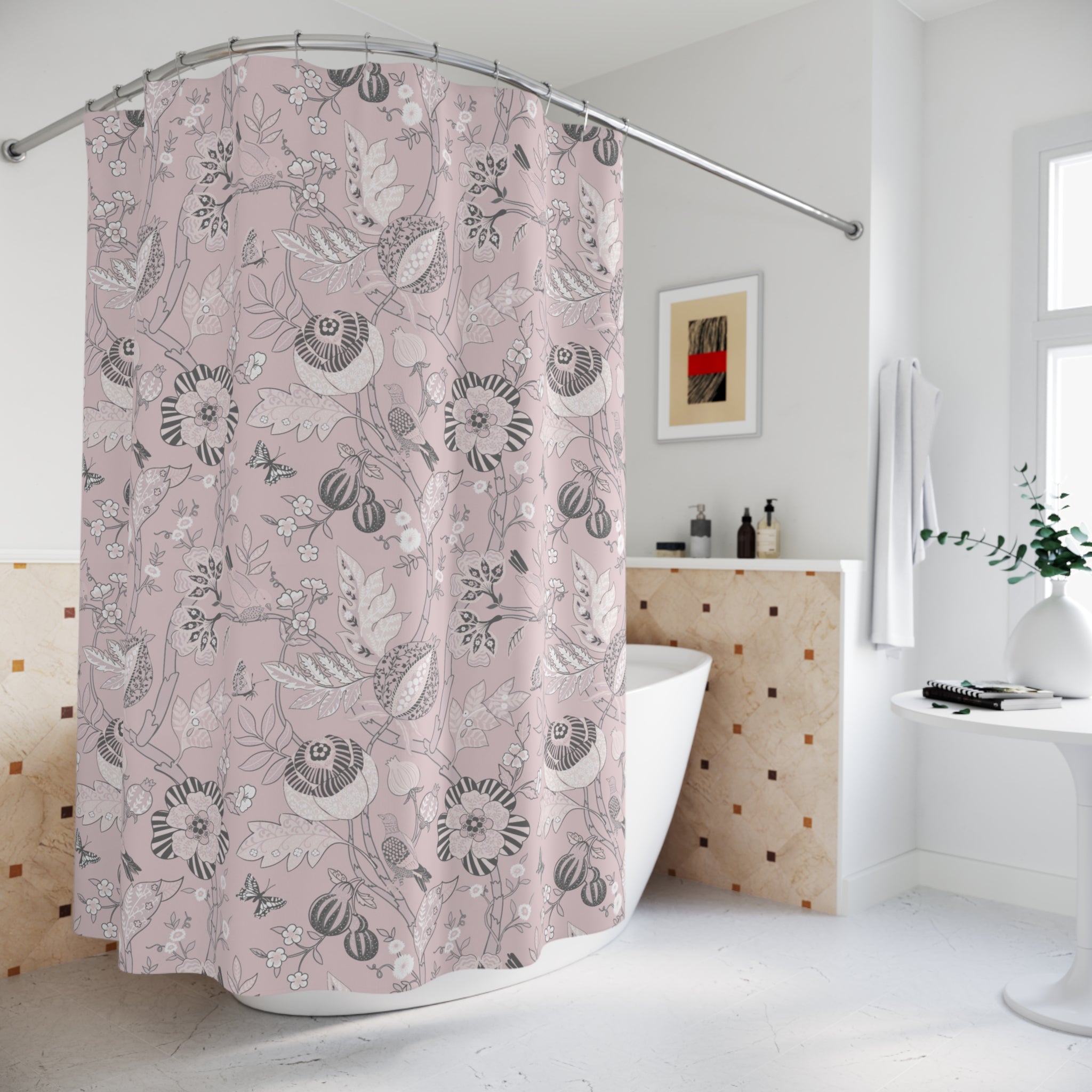 Chinoiserie Shower Curtain | Pink Grey Floral, Vintage