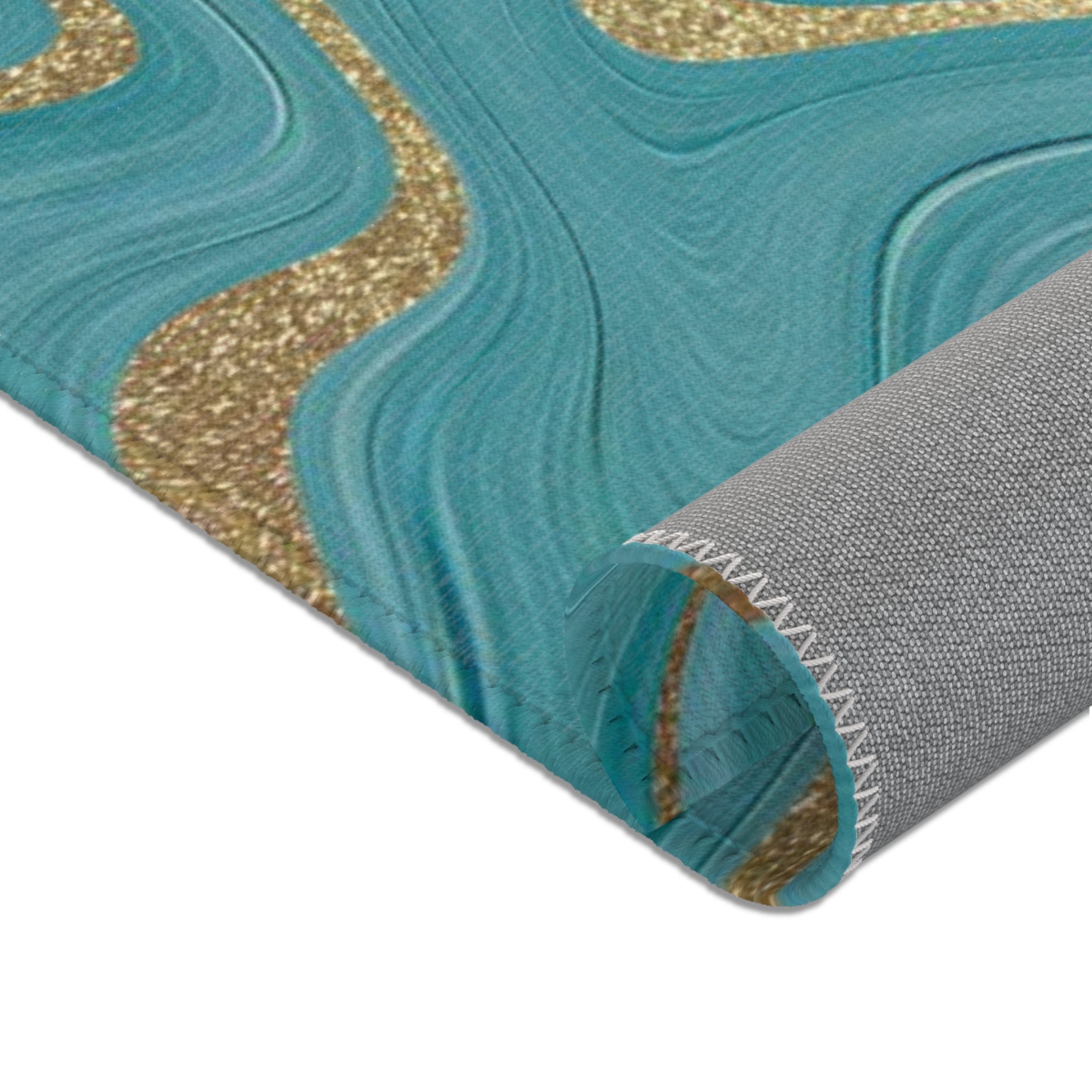 Abstract Large Area Rug | Teal Green Blue, Gold Beige Liquid Ink