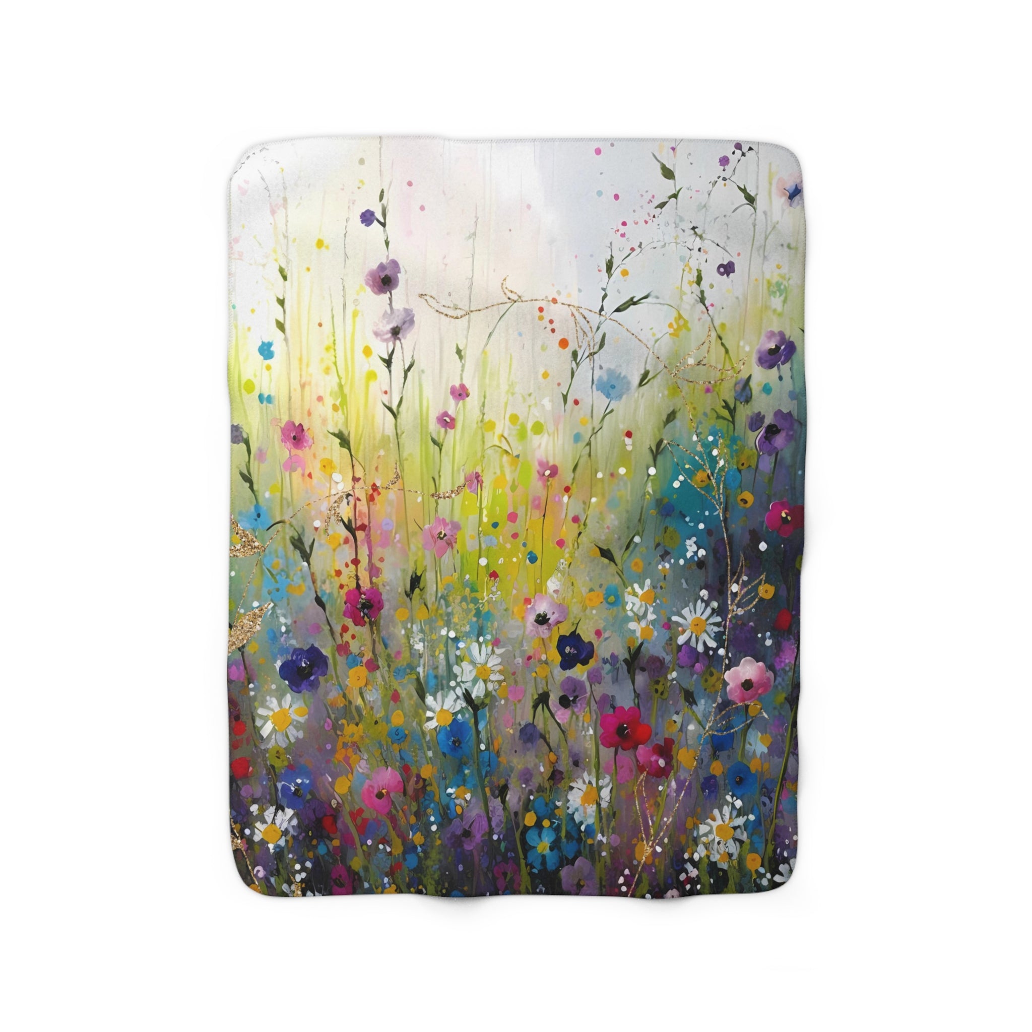 The image is a vibrant and colorful painting of a field filled with a variety of flowers, including daisies, roses, and other blooms in shades of pink, yellow, blue, and purple.