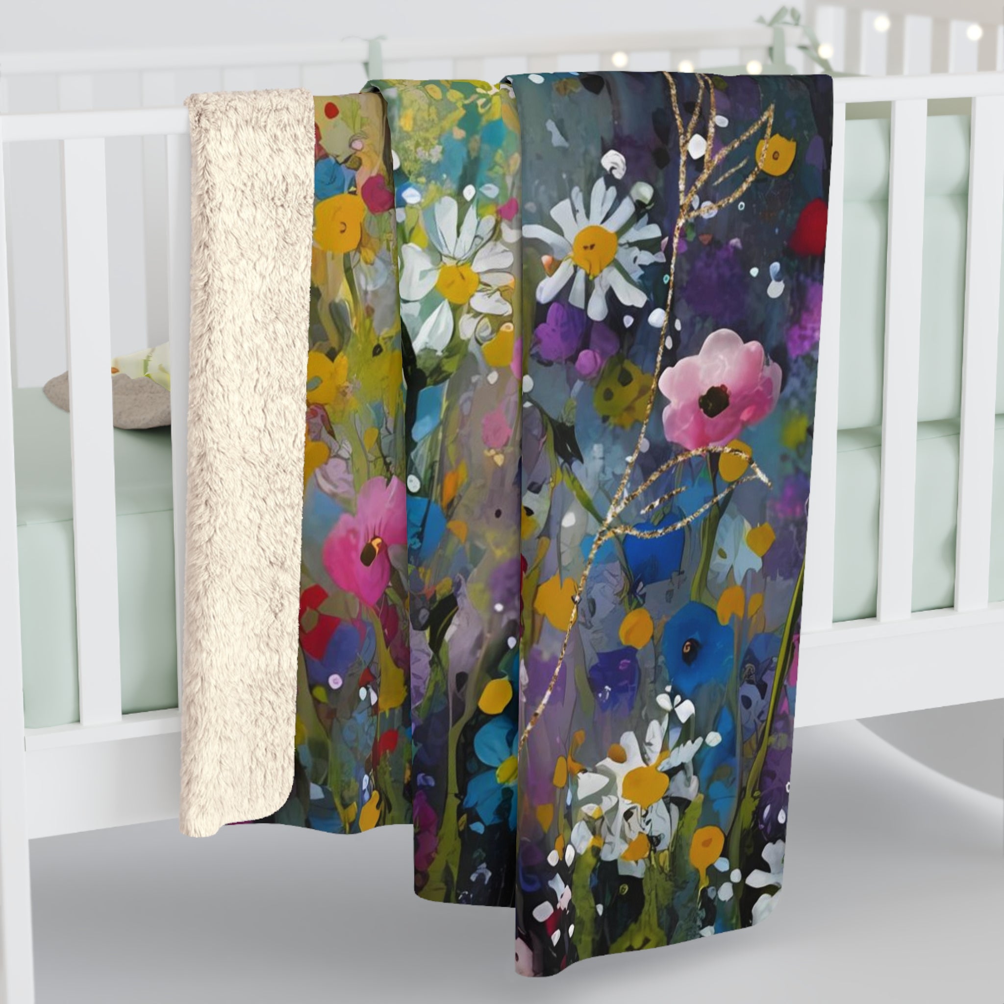 a colorful floral print blanket hanging on a white railing.