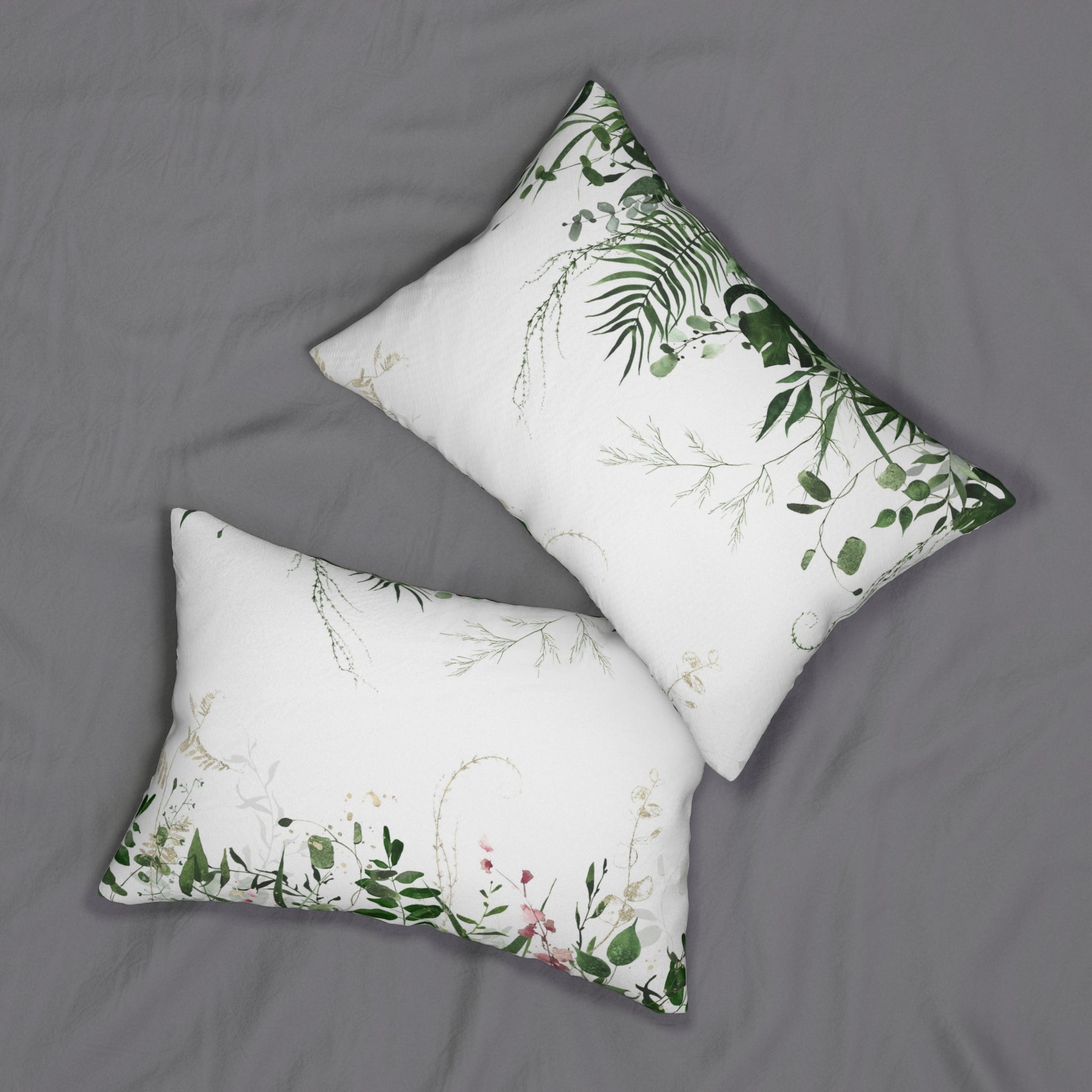 Boho Lumbar Pillow | White Sage Green Leaves Floral