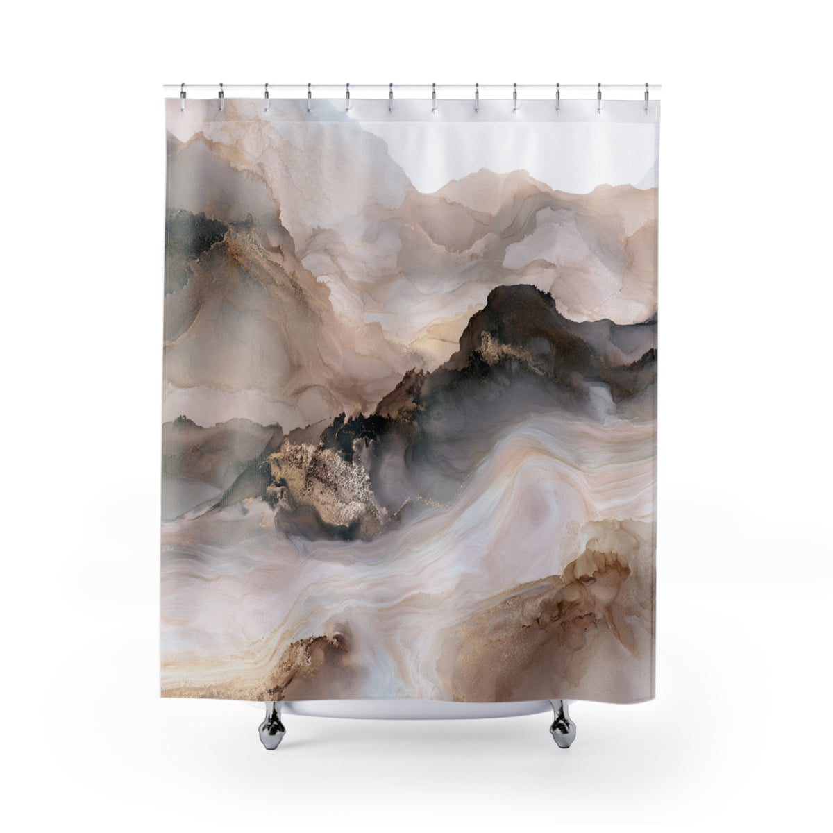 a large abstract painting of mountains with a watercolor-like texture, creating a sense of depth and movement.