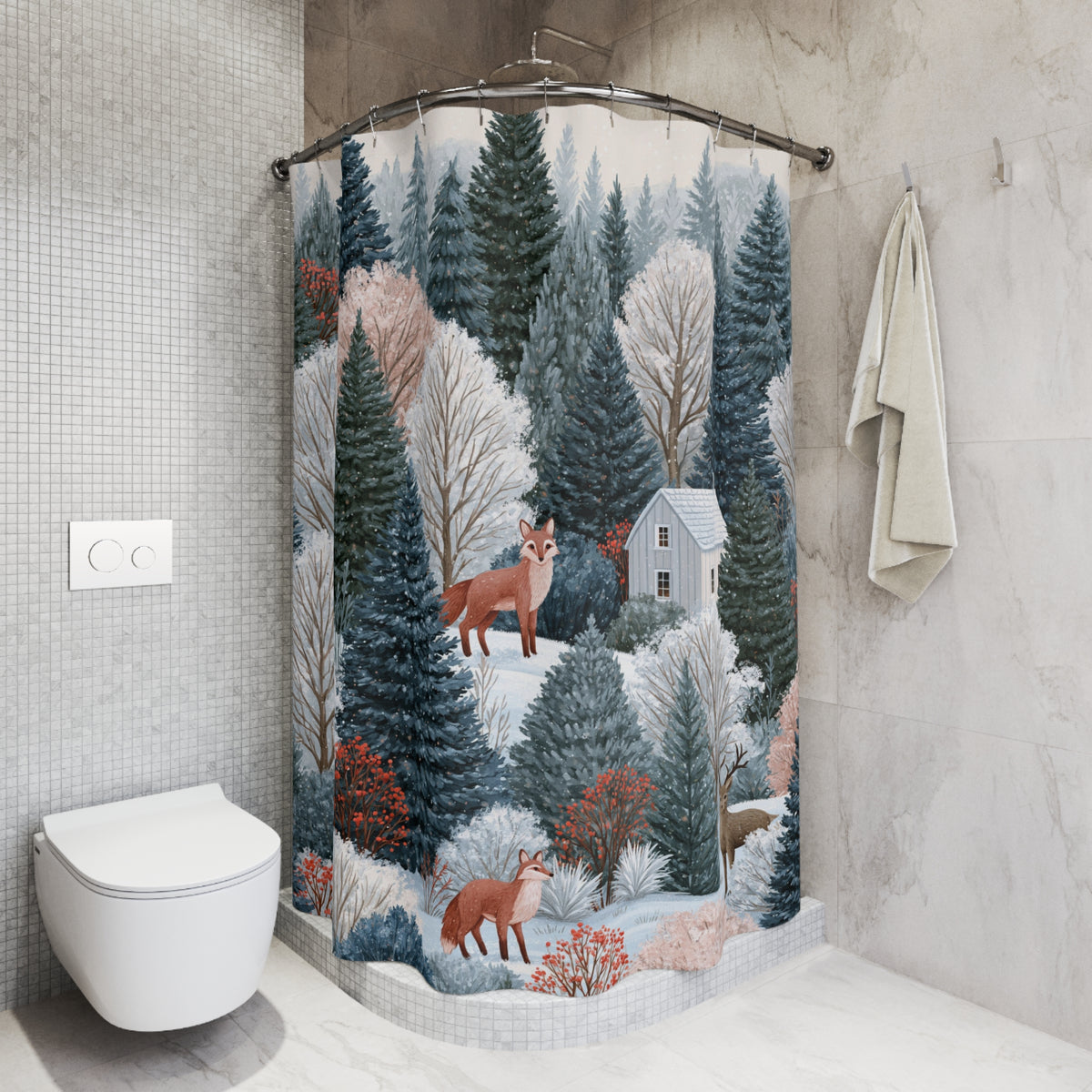 Fox Cabin Winter Woodland Shower Curtain, Bath Curtain 71x74