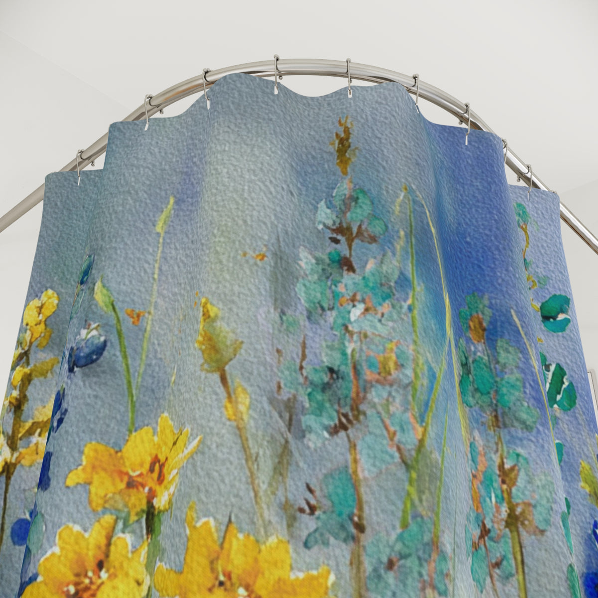 a vibrant floral pattern on a shower curtain, with yellow flowers and green leaves.