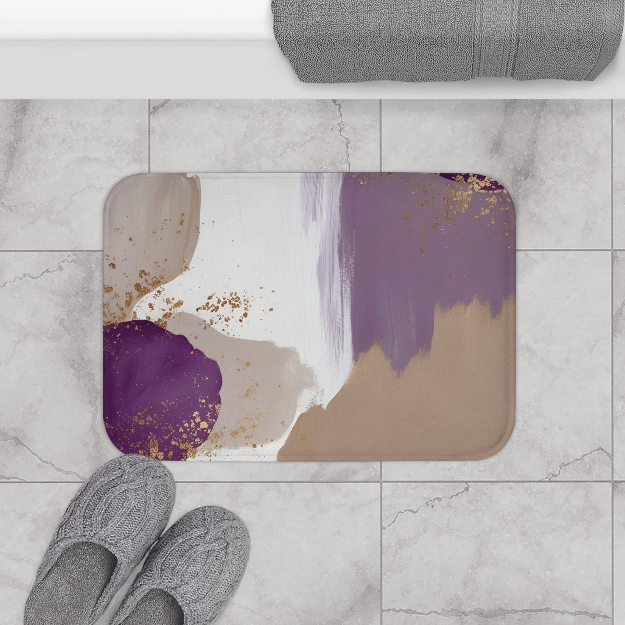 Boho Bath Mat | Purple Taupe Grey Abstract Kitchen Mat