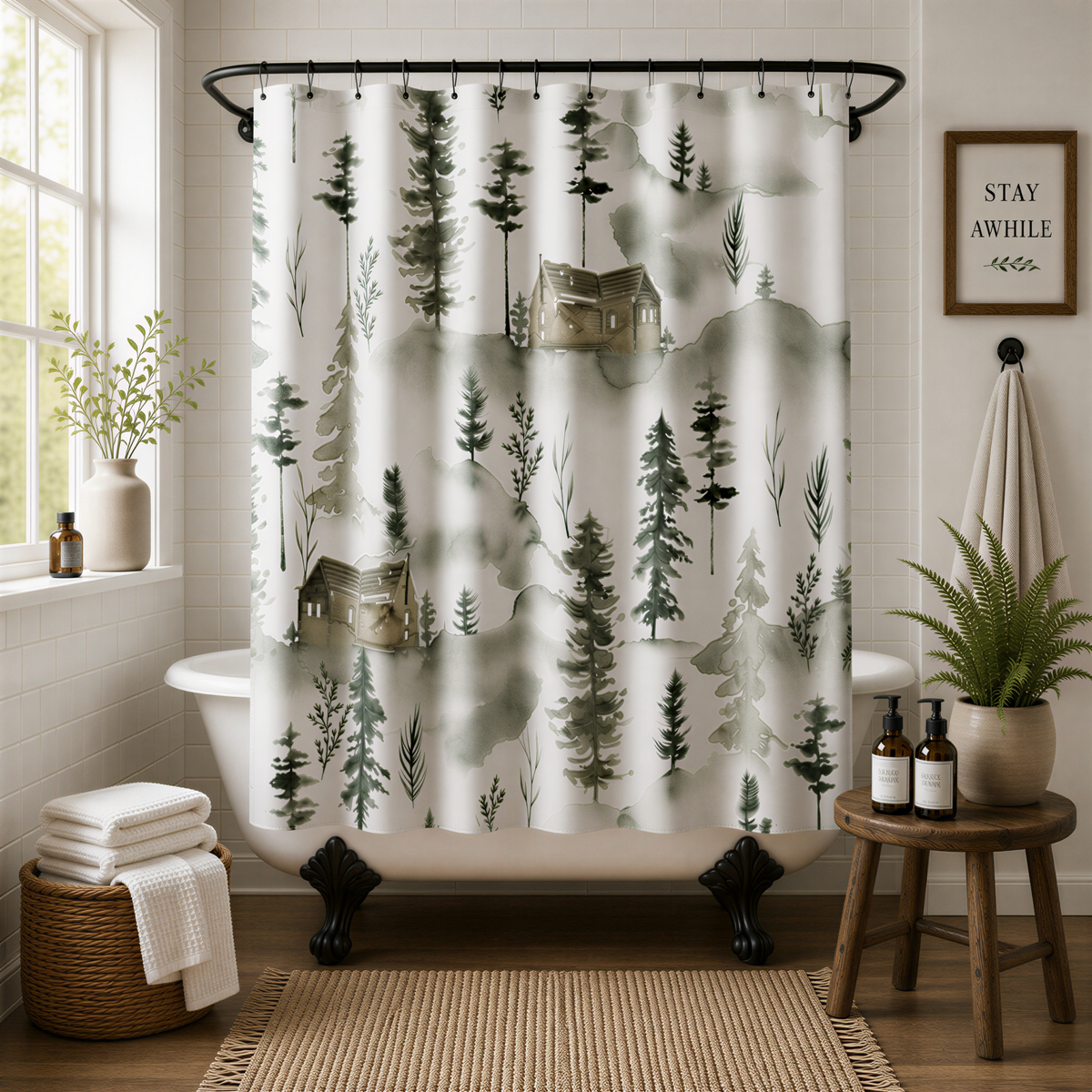 a bathroom with a white bathtub, a shower curtain featuring a forest scene, and various decorative elements such as potted plants and bottles.